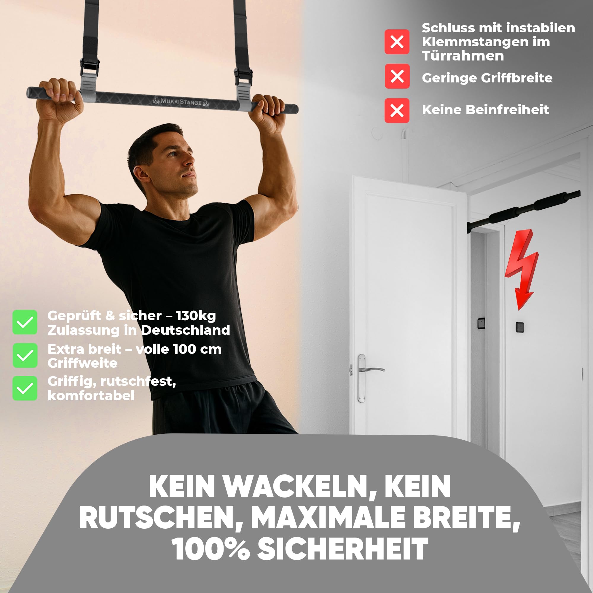 Klimmzugstange Decke, abnehmbar, höhenverstellbar, griffig, platzsparend, verstaubar, zum Aufhängen, geprüftes Fitnessgerät für Zuhause, sichere Pull-Up Bar mit Beinfreiheit