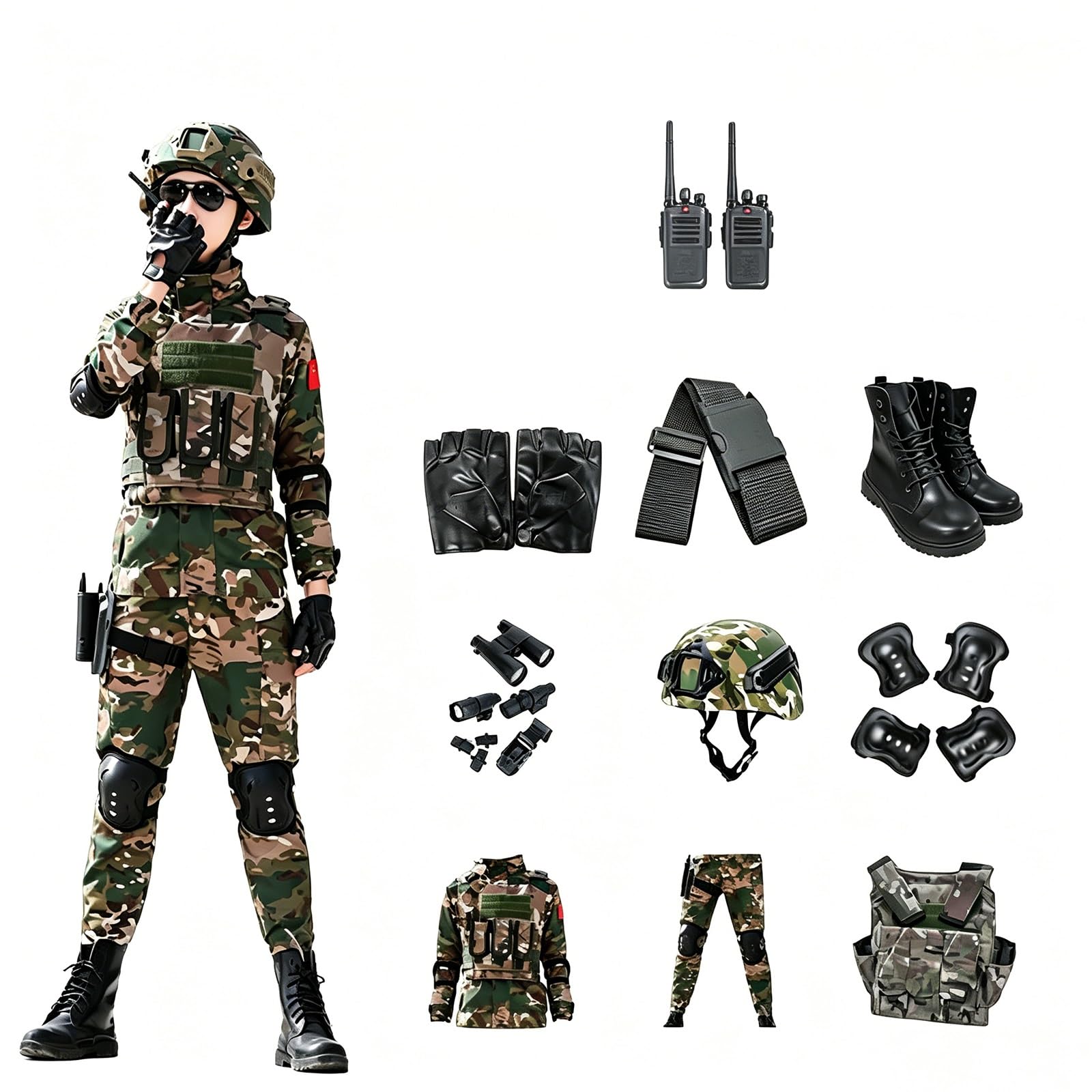 Kinder Militär Kostüm Set Soldat Armee Rollenspiel Outfit mit Zubehör, Halloween und Geburtstags Geschenk Verkleidungsset
