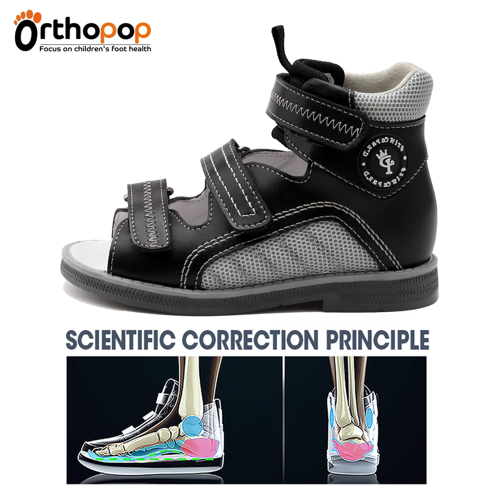 Sandalias ortopédicas para niños pequeños con soporte para arco y tobillo, zapatos negros con respaldo alto para niños