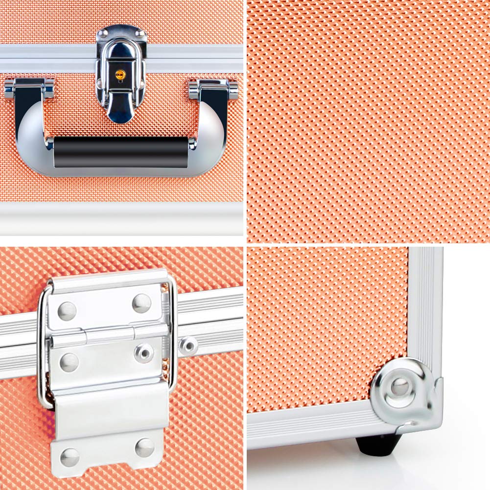OUDMAY Makeup Case - Professional Portable Aluminum Cosmetics Storage Box With Locks and Mirror 3-Deck Folding Trays Punctate Rose Golden