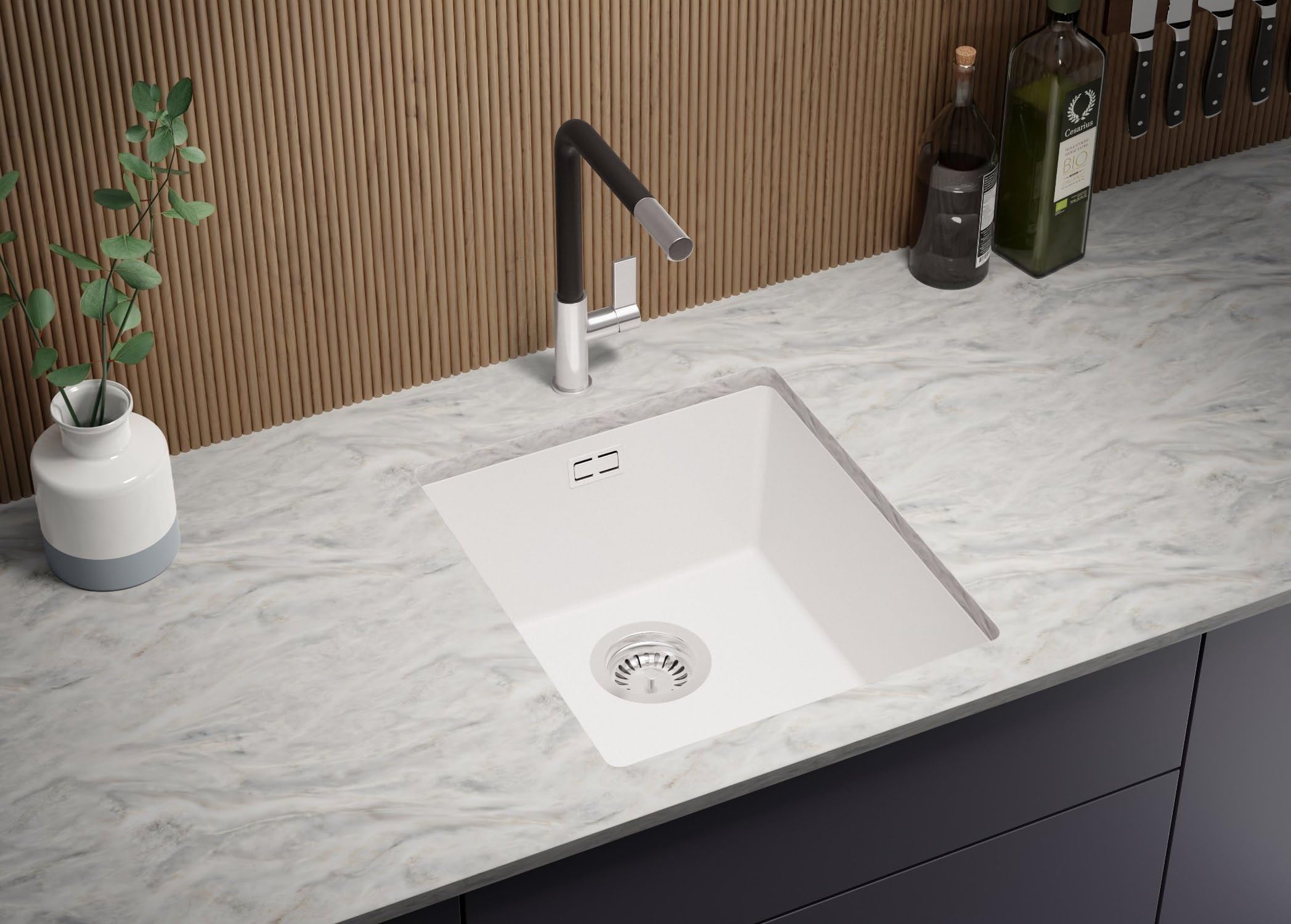 PRIMAGRAN Fregadero bajo Encimera Blanco - London, 41x47cm | Cocina 1 Seno + Zuberhor-Set, Granito al Mueble 45cm (S152)