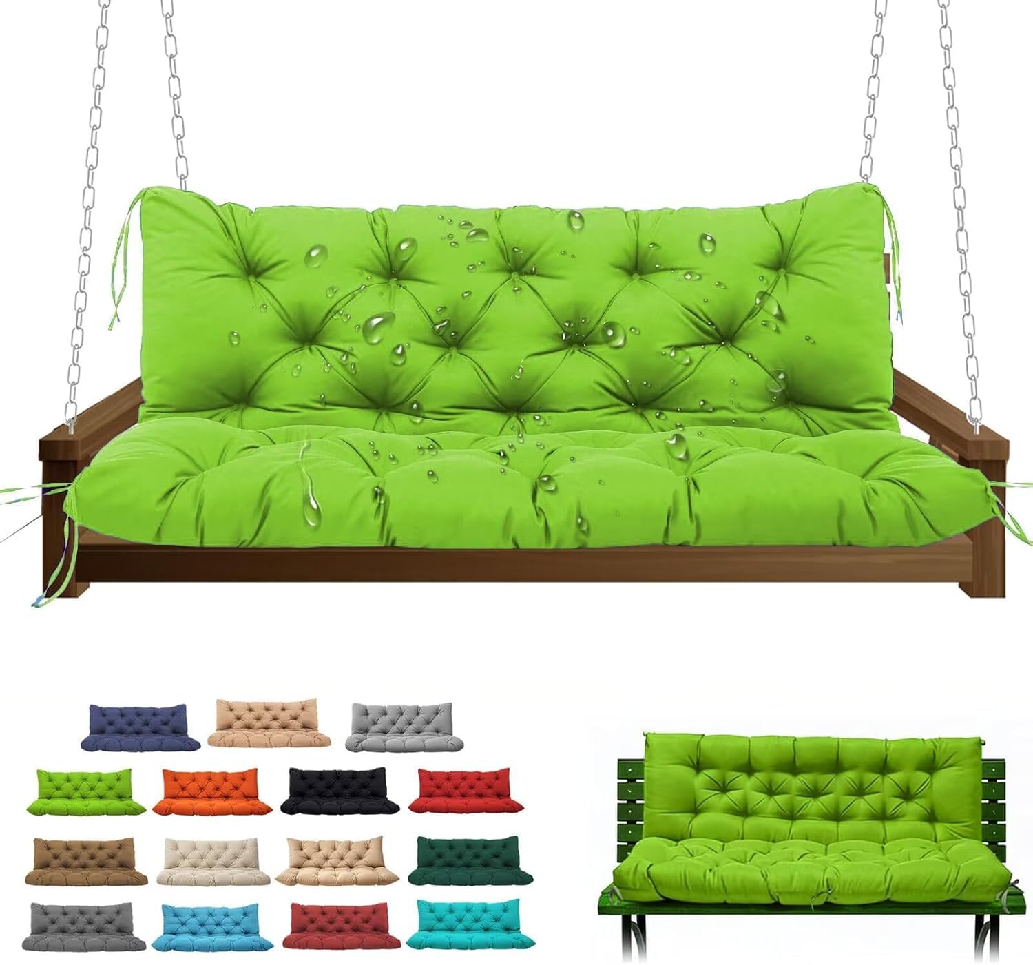 Garden Bench Cushions, 2-3 Seater Thick Waterproof Fabric Durable Comfortable Outdoor Indoor Seating Cushion with Convenient Ties Versatile for Patio Garden Porch Benches(Grass Green 100x100cm) — image 1
