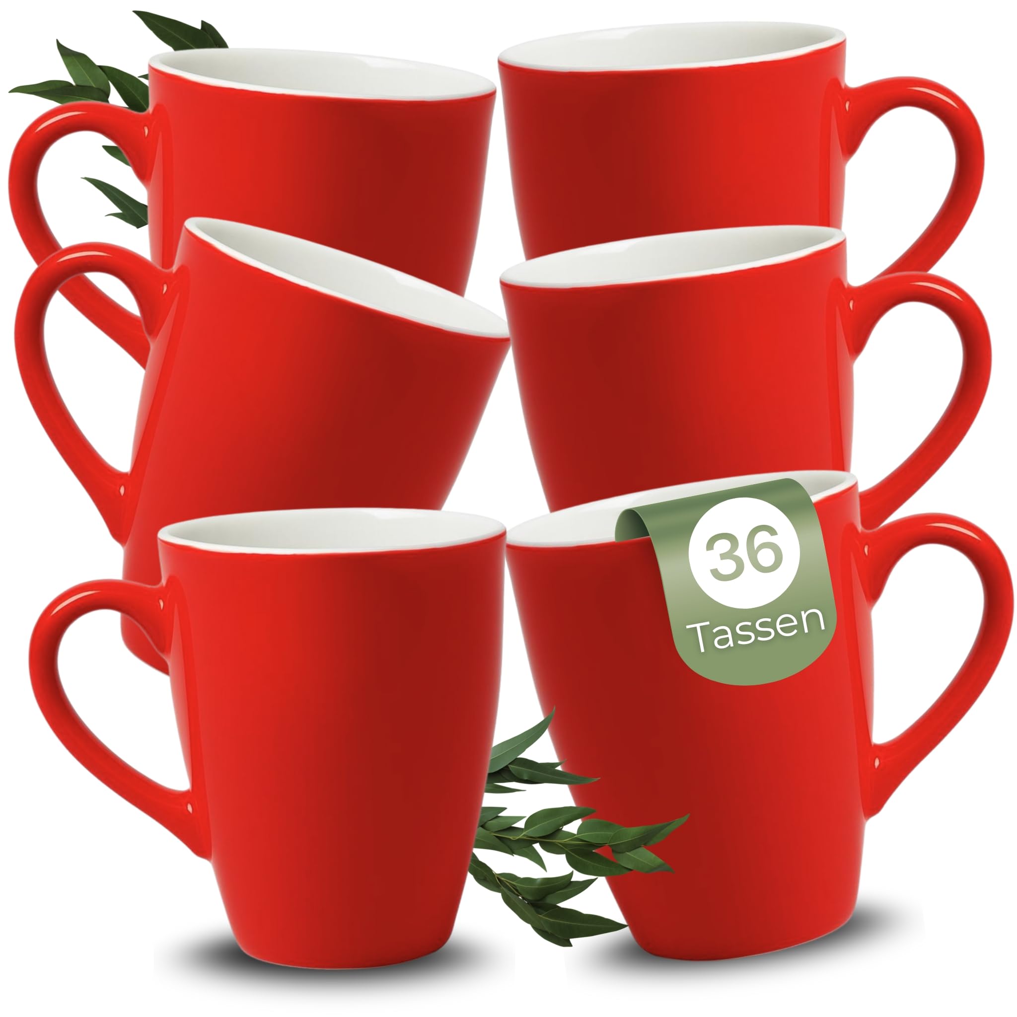 Kaffeetassen 36er Set aus Keramik 340ml - Teetassen Set in Rot, Kaffeebecher Spülmaschinenfest