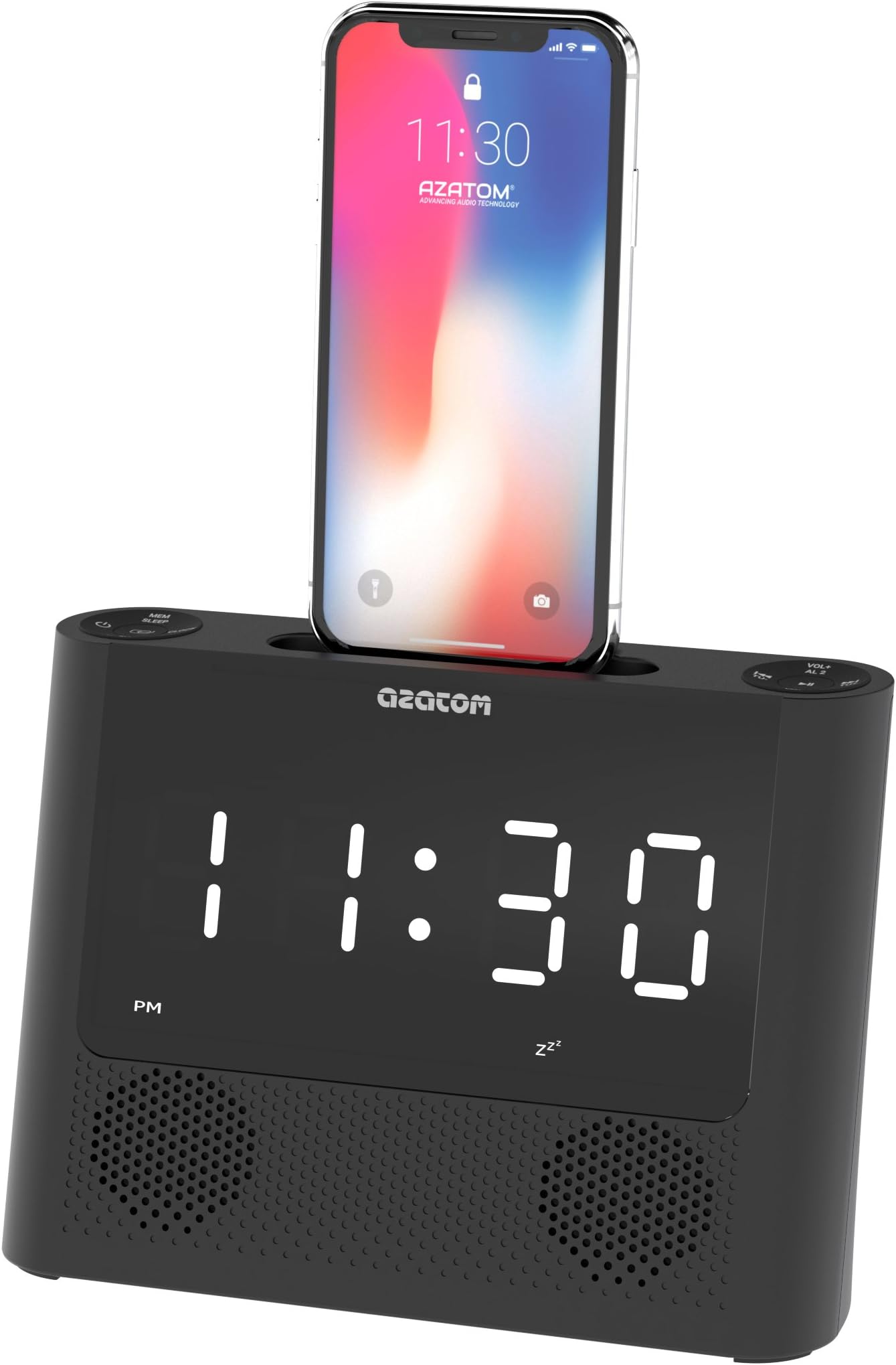 AZATOM iRISE 10W Radio Alarm Speaker with Lightning Dock for iPhone X, 8, 8+, 7+, 7, 6+, 6s, 6, 5s, 5, Nano 7G, Touch 5G - White LED