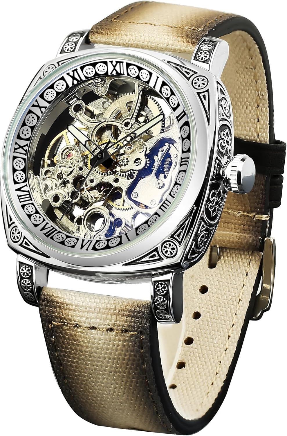 Wuufake Wrist Watch for Men Black Numeral Dial Square Stainless Steel Retro Vintage Skeleton Automatic Self-Wind Leather Strap Timepiece, Beige Brown