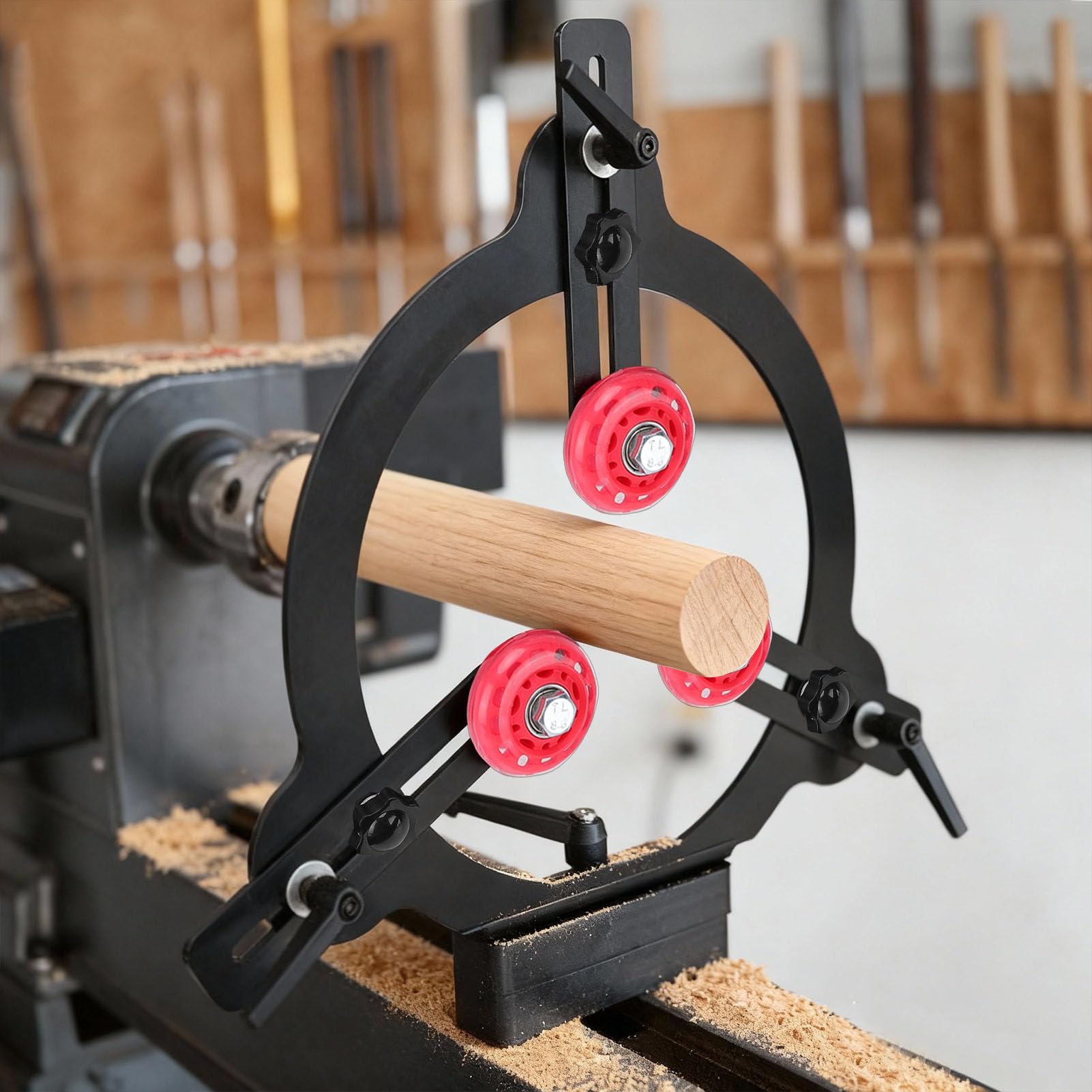 Luneta Redonda, Luneta Ajustable de 3 Puntos con Rodillos Recubiertos de Goma Marco de Acero para Torno Oscilante de 12 Pulgadas Husillo Torneado de Madera Diseño de Rodamiento
