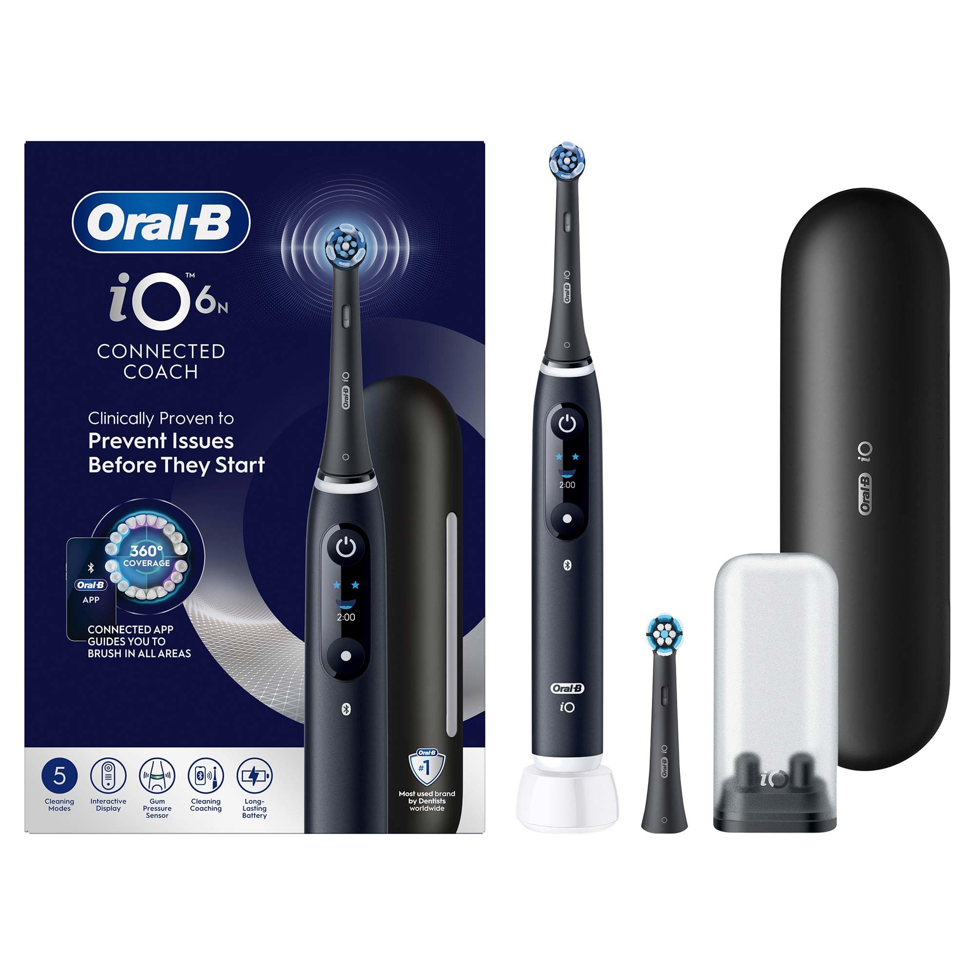 Oral-B iO6 Siyah Şarjlı/Elektrikli Diş Fırçası, 2 Fırça Başlığı, Uzun Ömürlü Pil, Premium Seyahat Kabı, Yedek Başlık Kabı