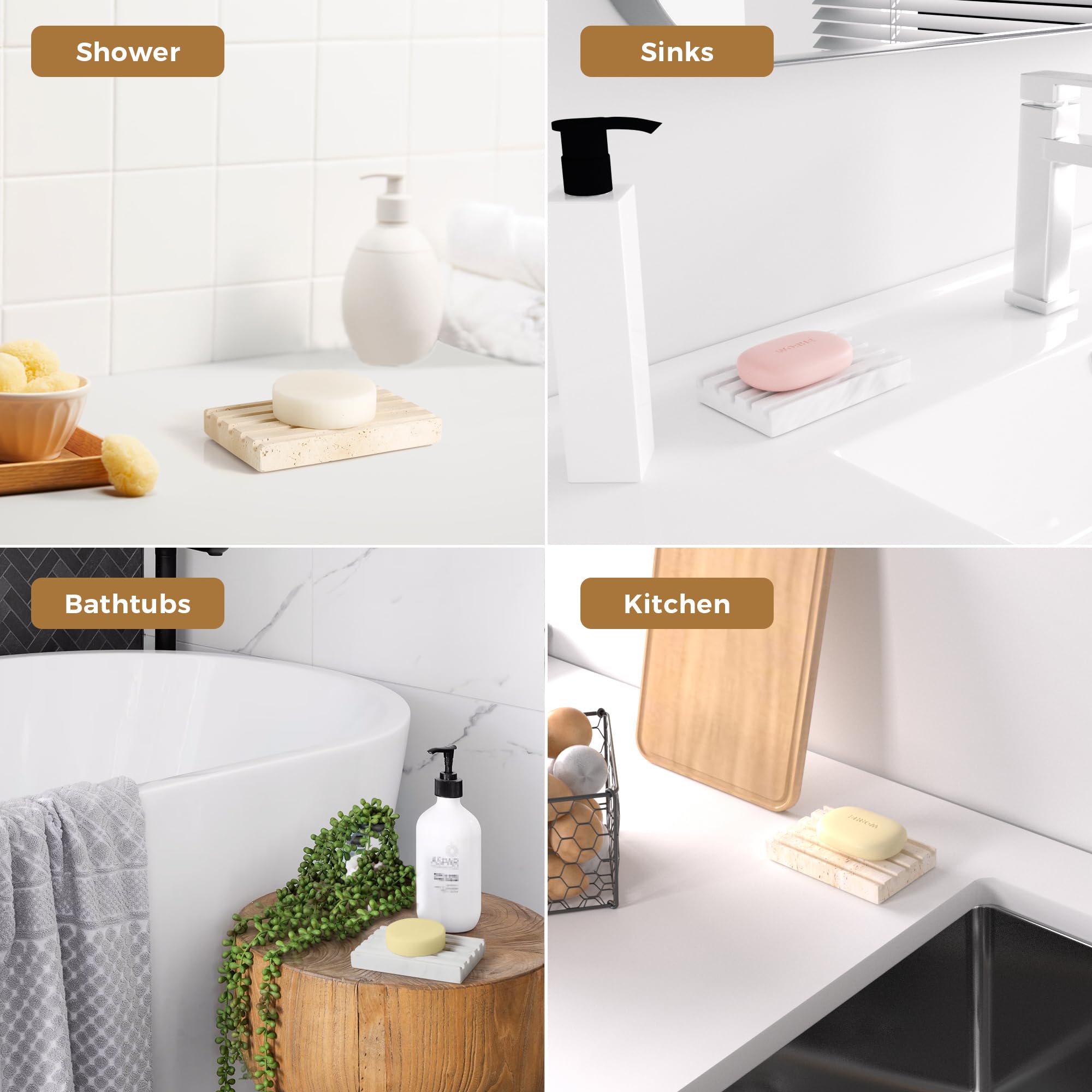 Jabonera beige, soporte para jabón de travertino natural, soporte para jabón de baño, plato de esponja con diseño autodrenante, adecuado para ducha, tocador, cocina, fregadero.