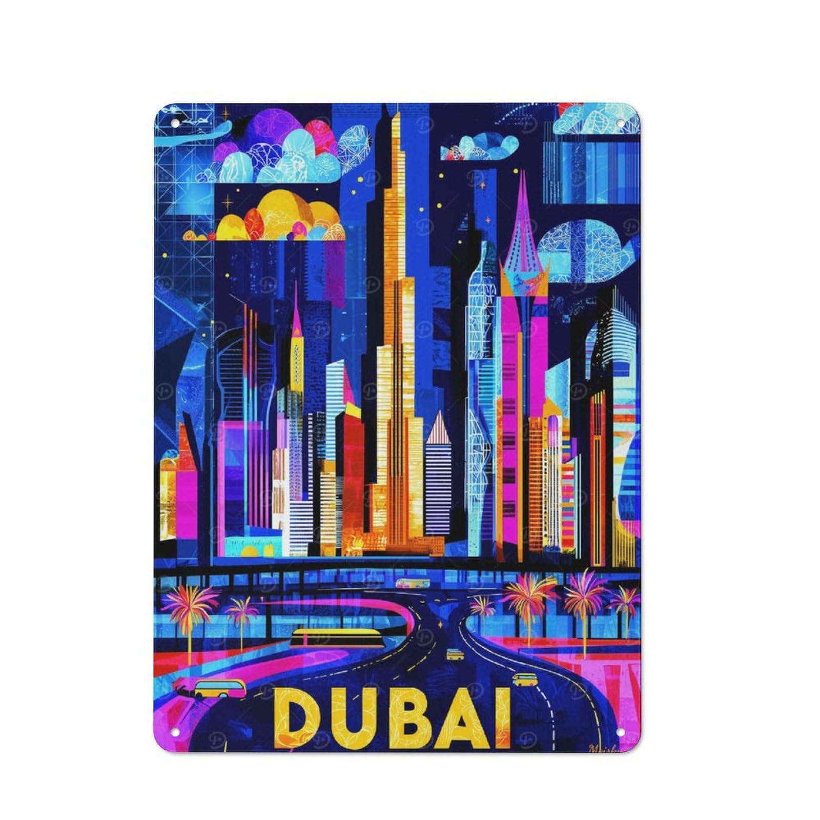 Junmoney Dubai Vibrant Skyline - Geometric Cityscape A Rt Industrial-Style Metal Sign 40X30cm For Hallway Wall, For Kitchen, Dining Room And Home Bar Wall Decor