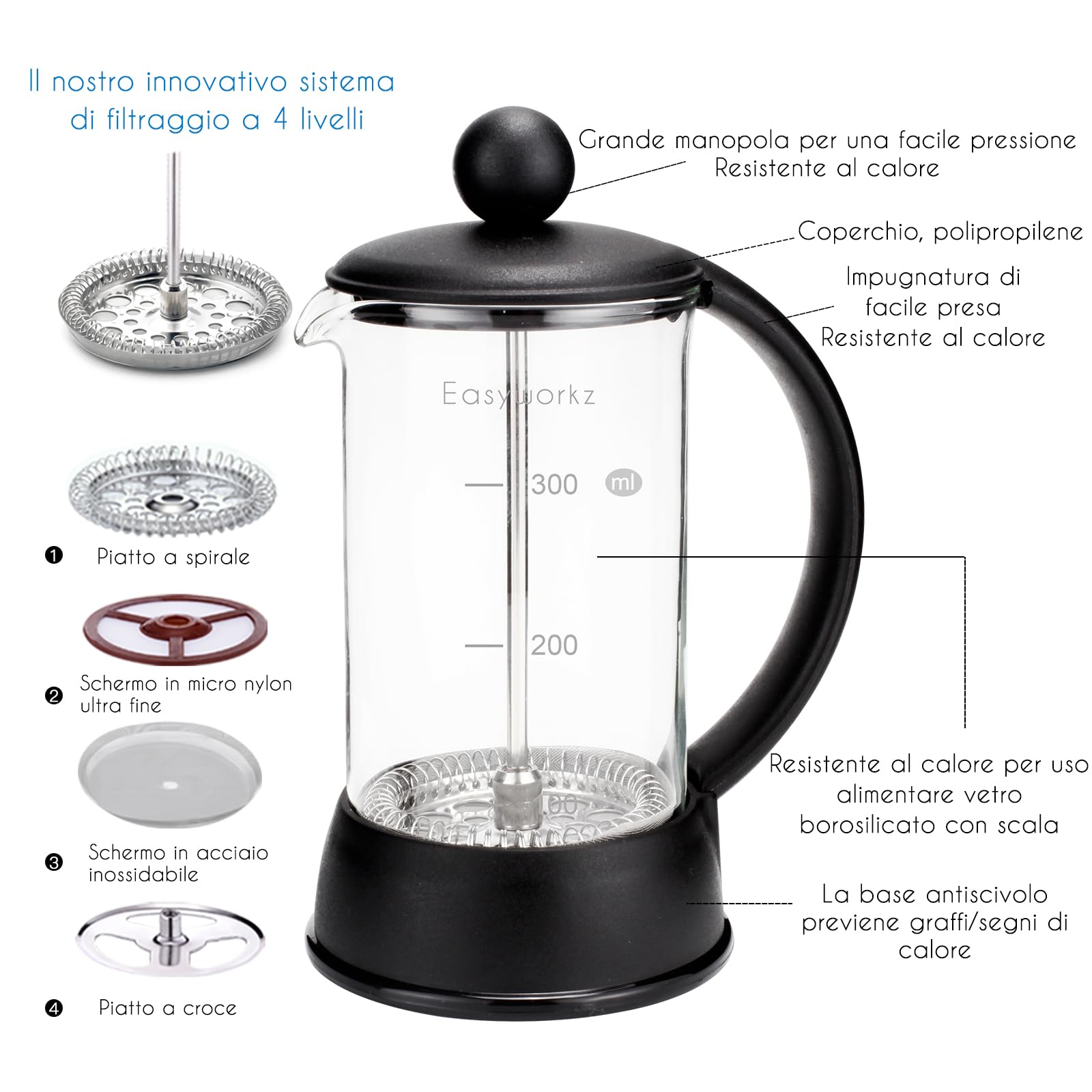 Easyworkz Eclipse Caffettiera francese con vetro borosilicato resistente al calore, 350 ml