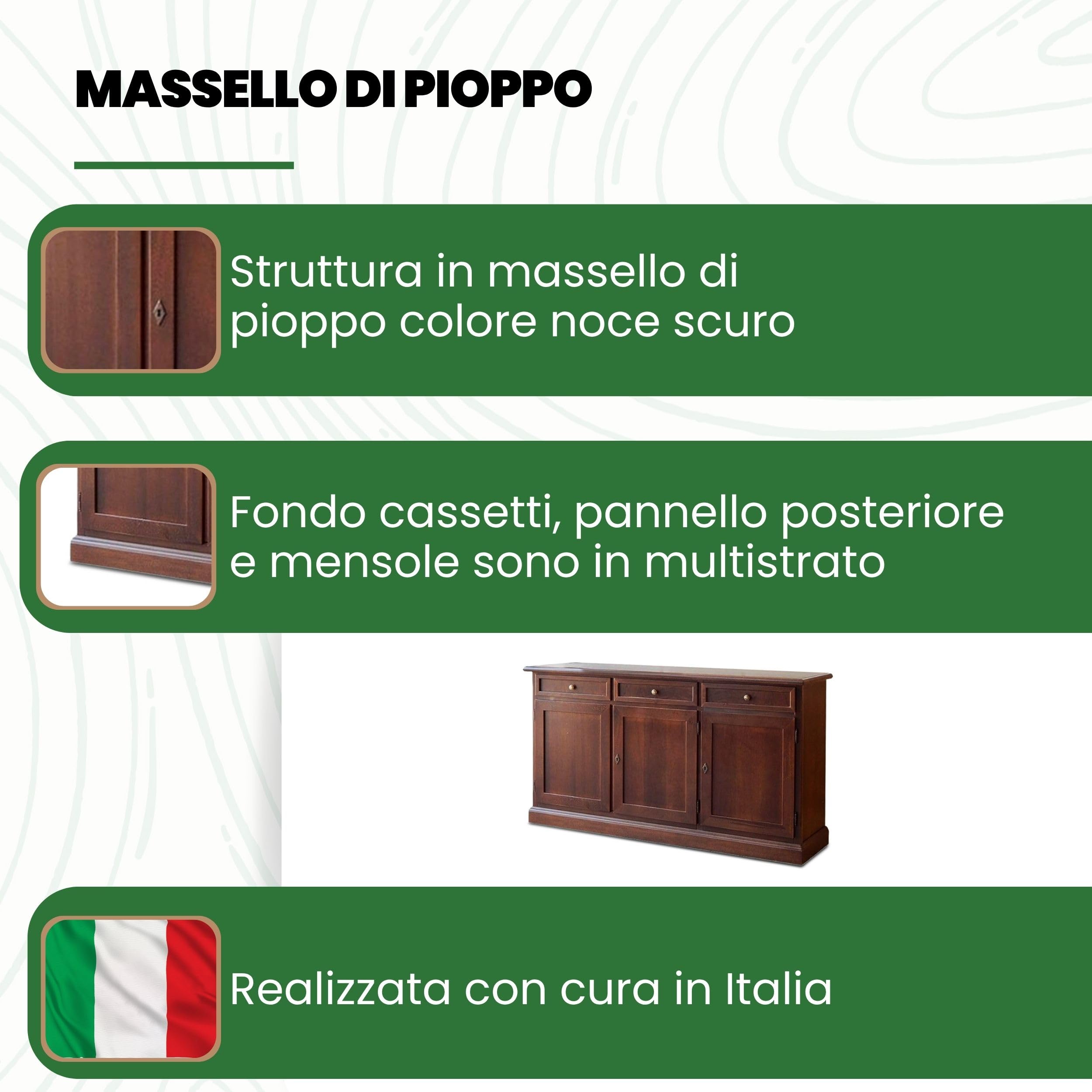 Mar.c.a. Design - Credenza Soggiorno in Legno di Pioppo, Stile Classico Arte Povera Elegante e Funzionale, Mobile Made in Italy