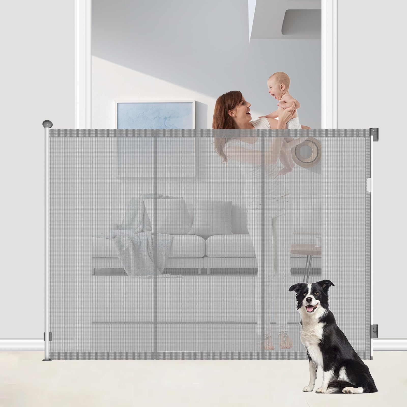 Extra Tall 57'' Reinforced Retractable Mesh Baby Gates with Reinforced Strips,Dog Gate Extends to 55" Wide,Prevents Bottom Drilling Through Baby and Pet,Retractable Pet Gate for Outdoor/Indoor