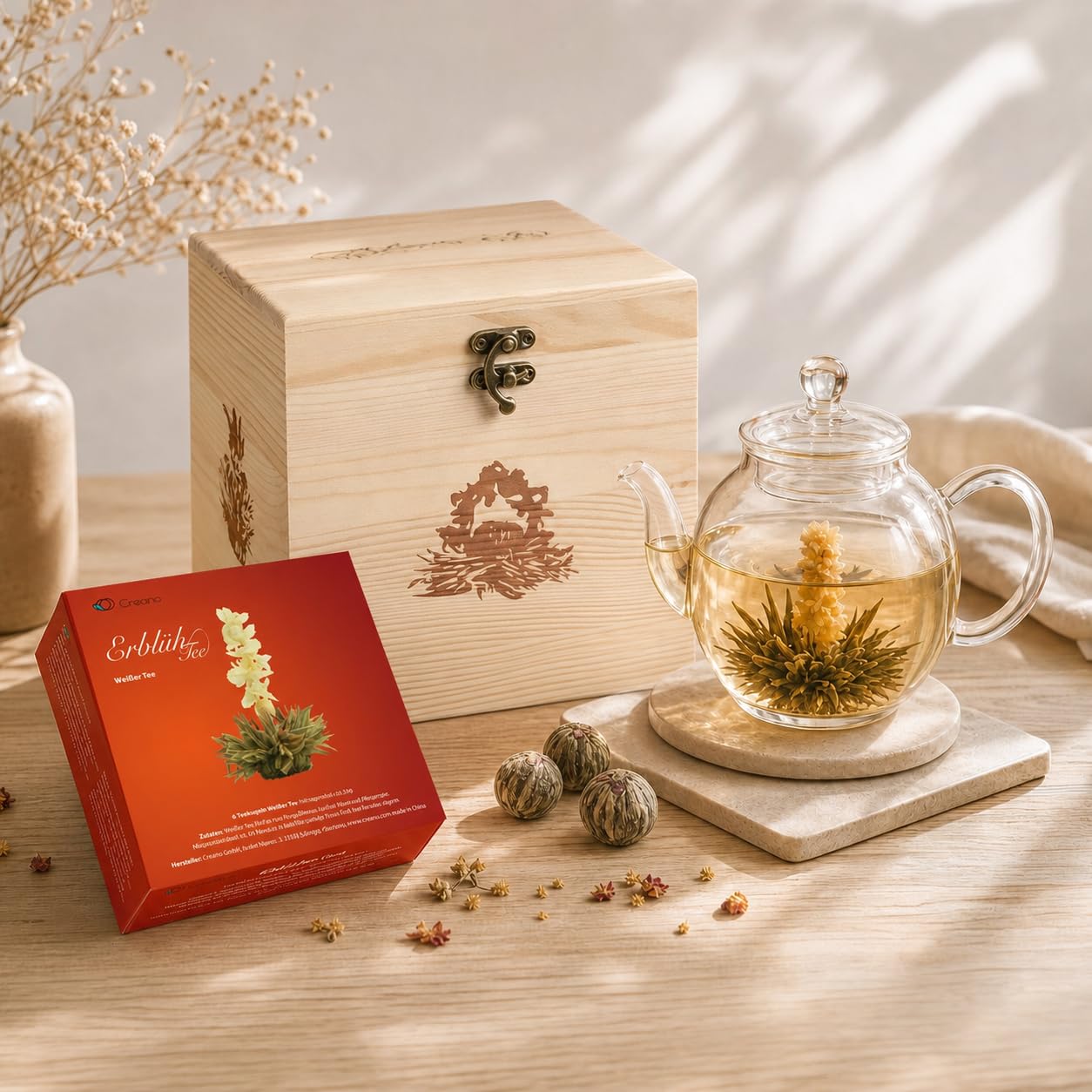 Creano Teeblumen-Mix Geschenkset mit 500ml Teekanne in edler Holzbox mit 6 verschiedenen Sorten ErblühTee (Weißer Tee)