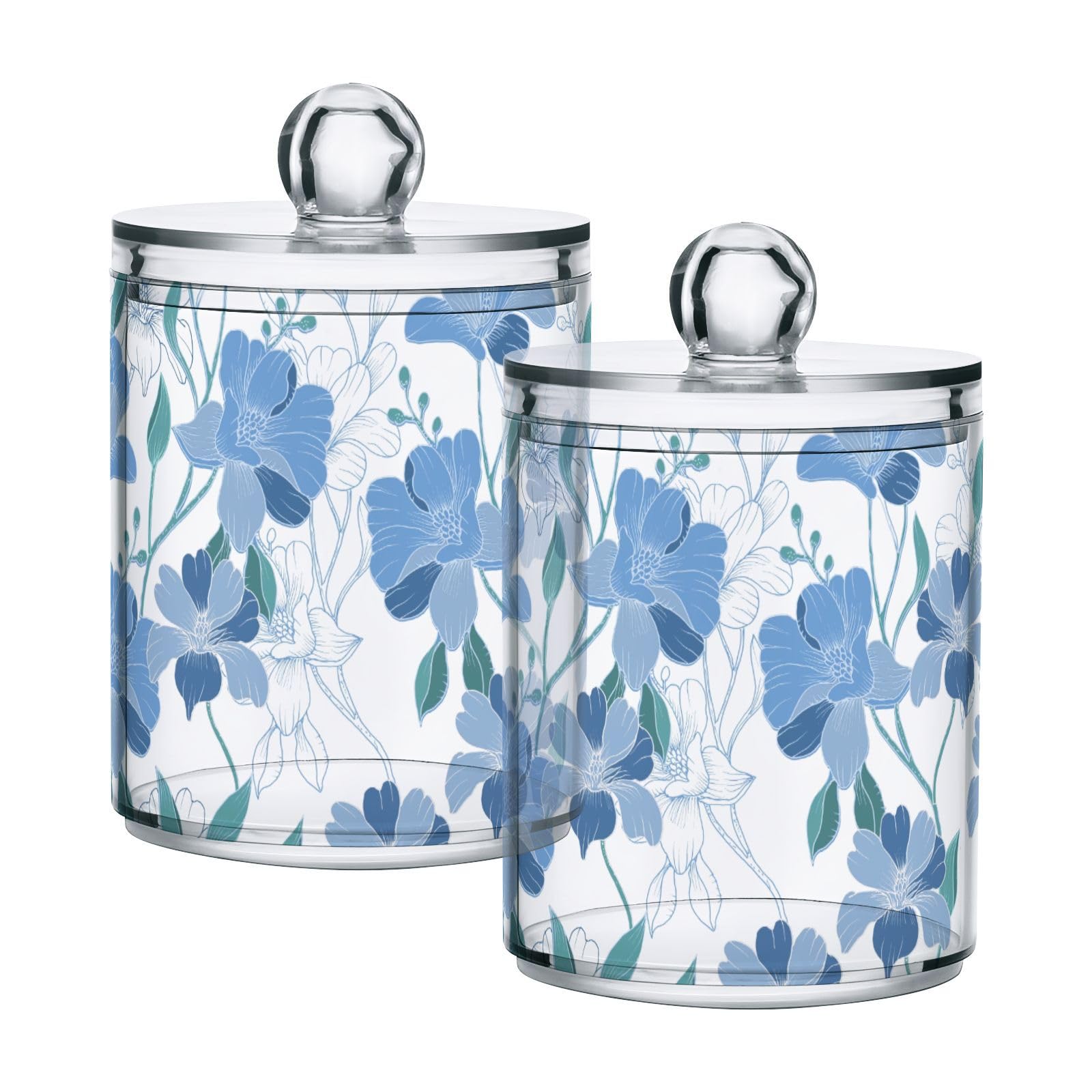 Blue Flower Pattern Restroom Bathroom Organizers with Lid Qtip Holder Dispenser Apothecary Jars Cotton Balls Pads Swabs Holder