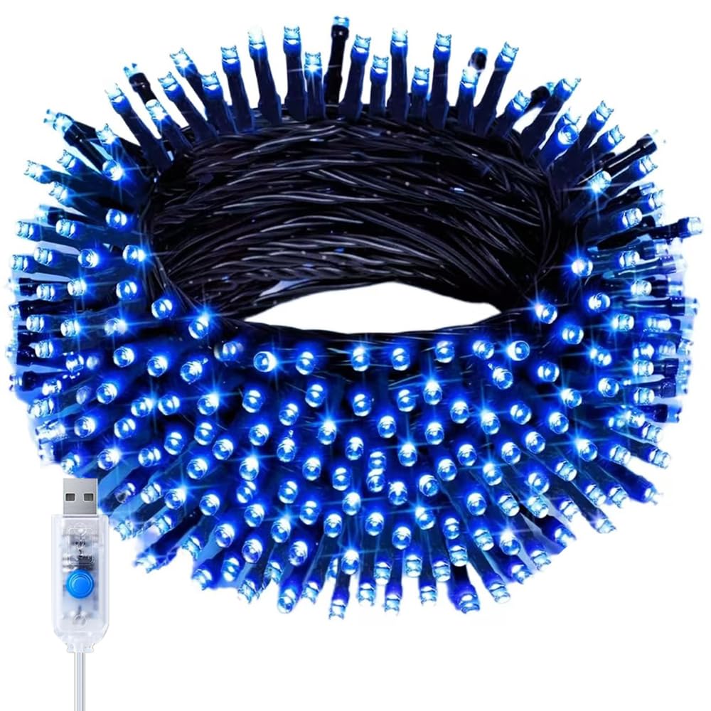Guirnalda de luces USB de 50 m con 400 LED, funciona con pilas, resistente al agua, ideal para Navidad, fiestas, dormitorio y jardín. (azul)