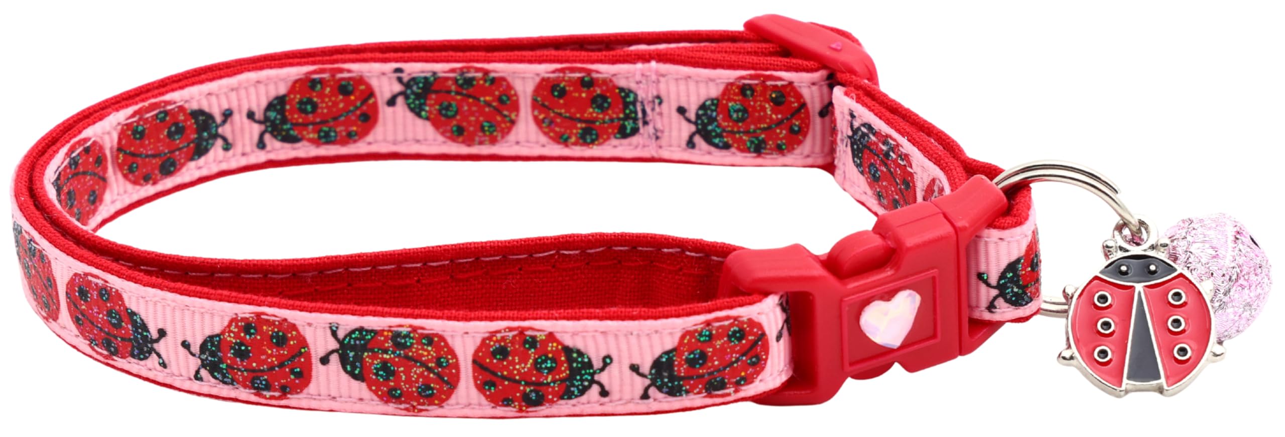 Collar de gato grande ajustable con campana y estampado de mariquitas rosas