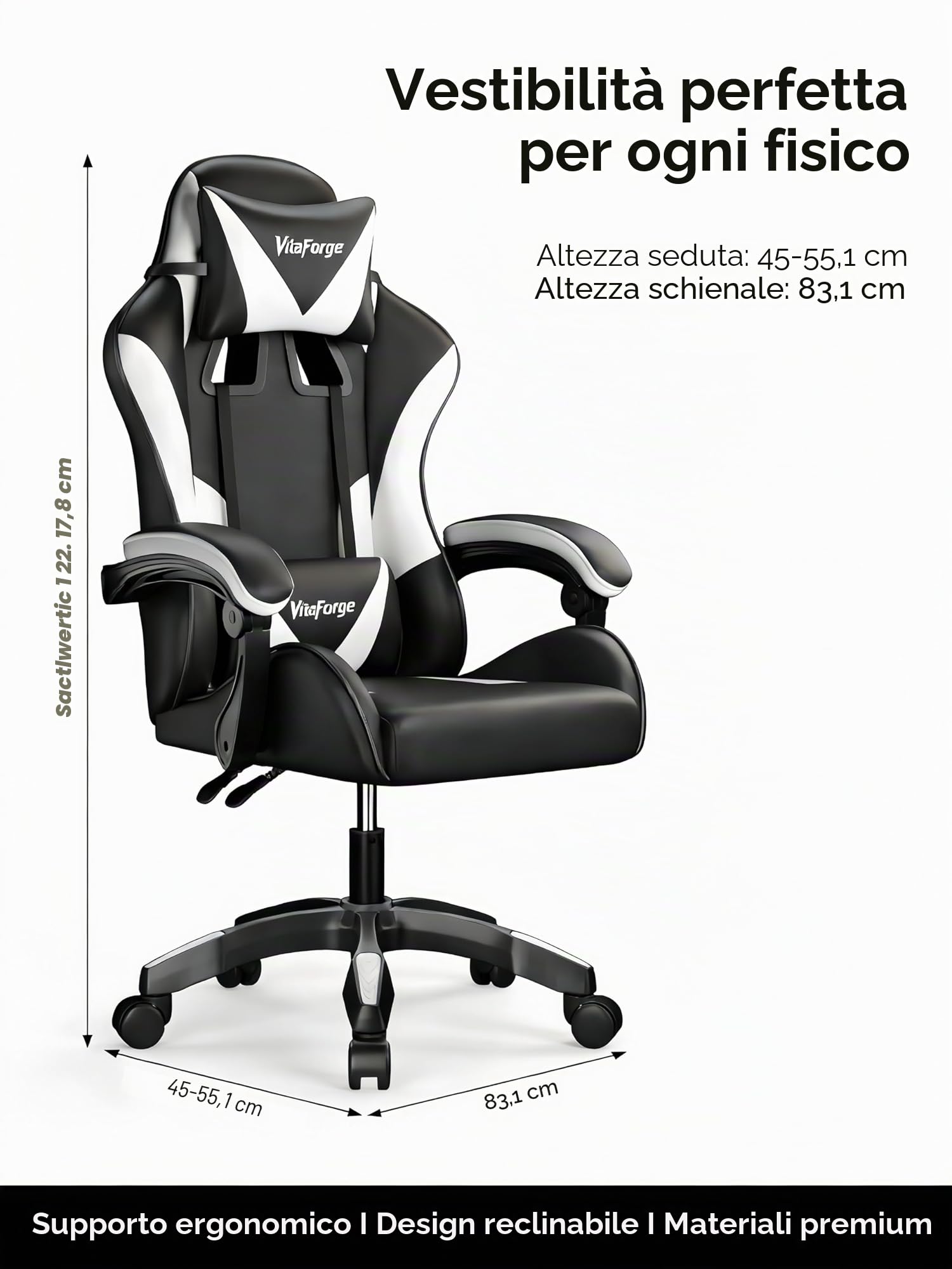 Sedia da Gaming, Sedia per Computer Ergonomica a Schienale Alto Stile Racing con Poggiatesta e Supporto Lombare Regolabili, Girevole in Pelle PU per Adulti, Nero/Bianco