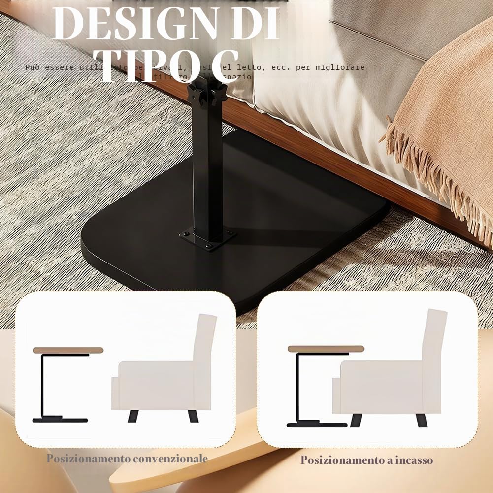 Tavolino laterale girevole a 360°, a forma di C regolabile in altezza, comodino tavolino da caffè tavolino da divano con struttura metallica – salvaspazio per piccoli spazi, con supporto per