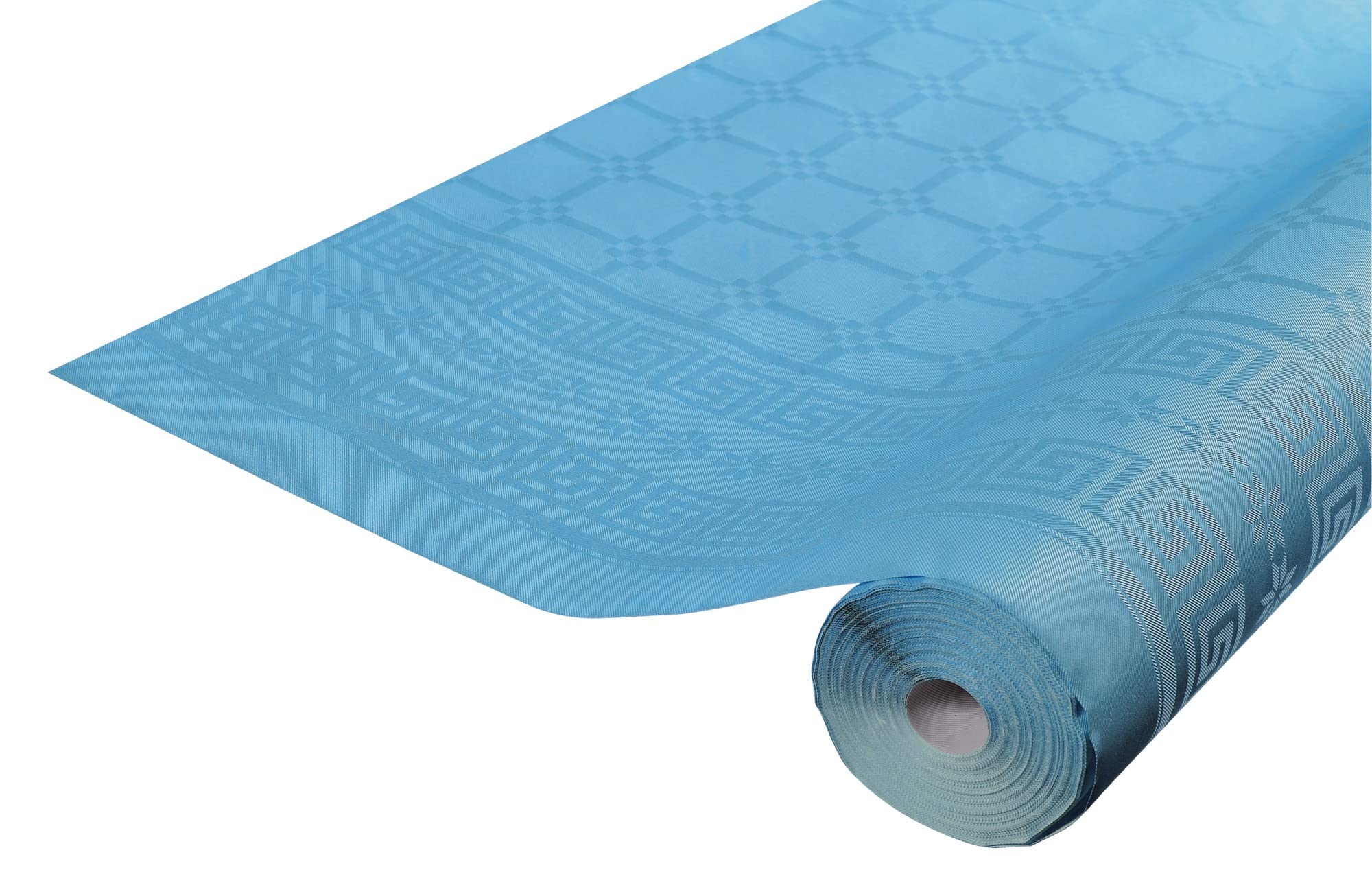 Disposable damask paper tablecloth in a roll 6 M long X 1.18 M wide - Damask paper with a chic and classic universal pattern - Box of 12 rolls - turquoise blue (pastel)