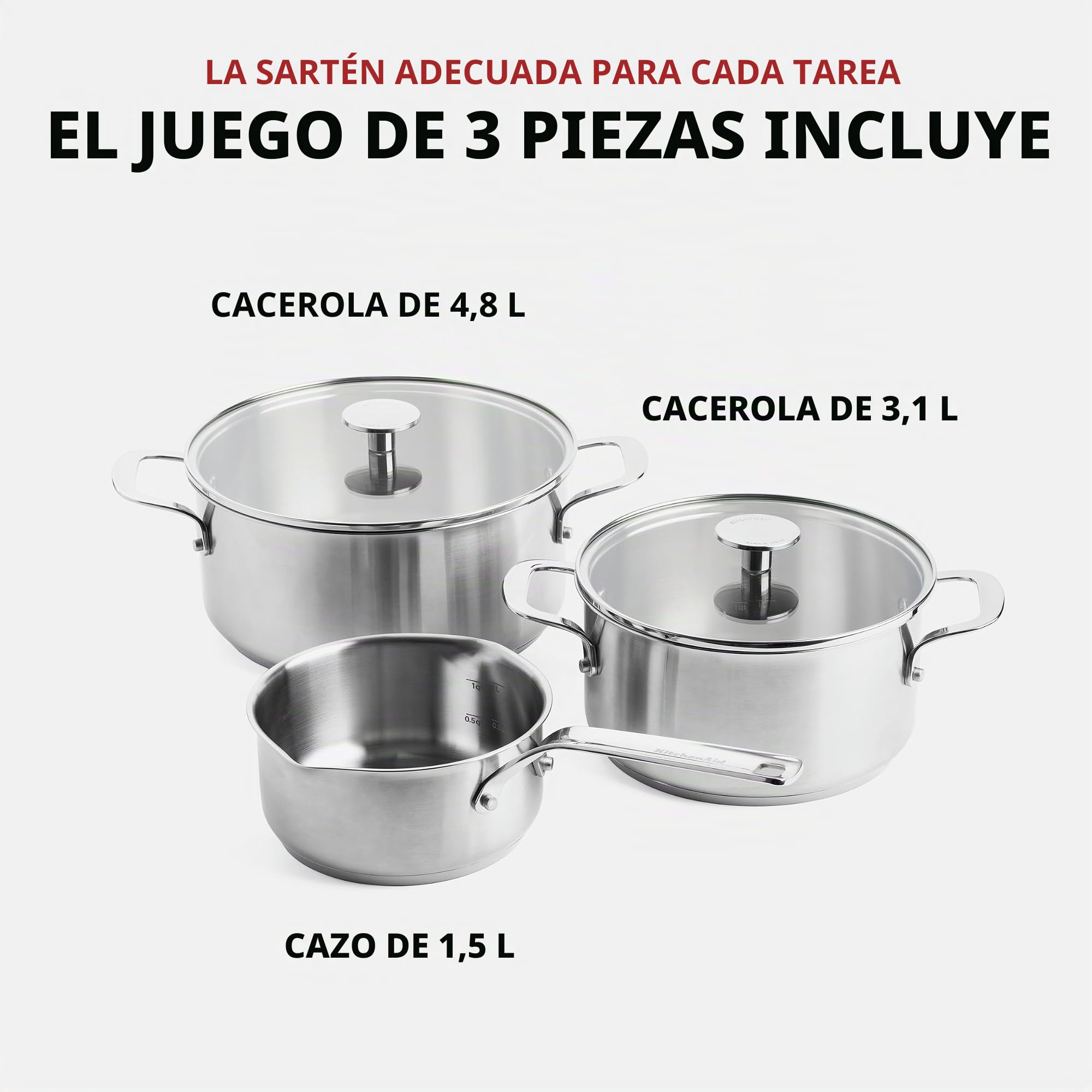 KitchenAid Stainless Steel Batería de Cocina Antiadherente de Acero Inoxidable con Tapa, Apto para Todo Tipo de Cocinas, Inducción, Horno y Lavavajillas, 20/24 cm + Cazo 16 cm/1,5L, 5 piezas