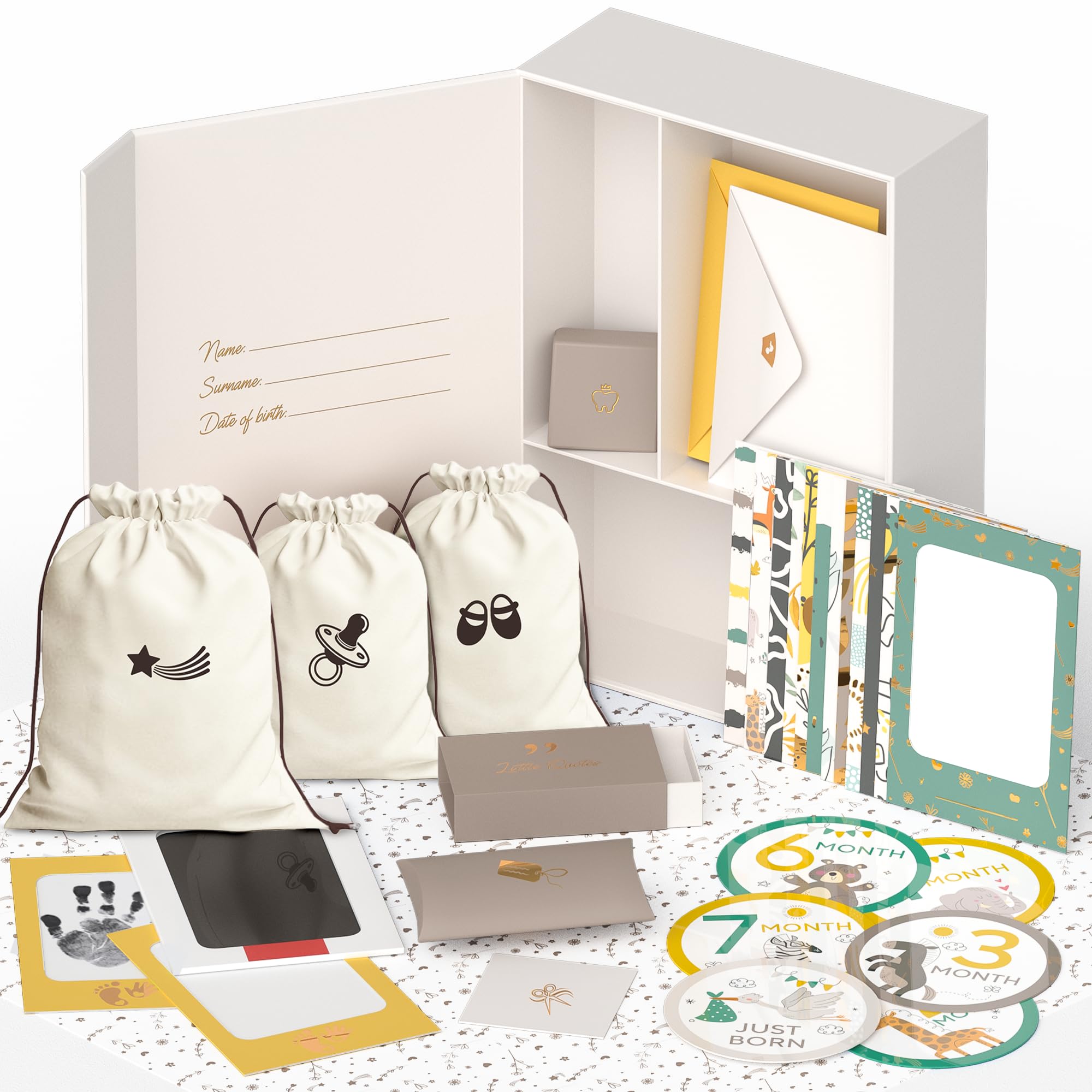 Ultimate Baby - Caja de recuerdos para niños y niñas, hermosa caja de recuerdos para nuevos padres, con kit de huellas de manos y pies, calcomanías de hito, caja de dientes y más, perfecto regalo para