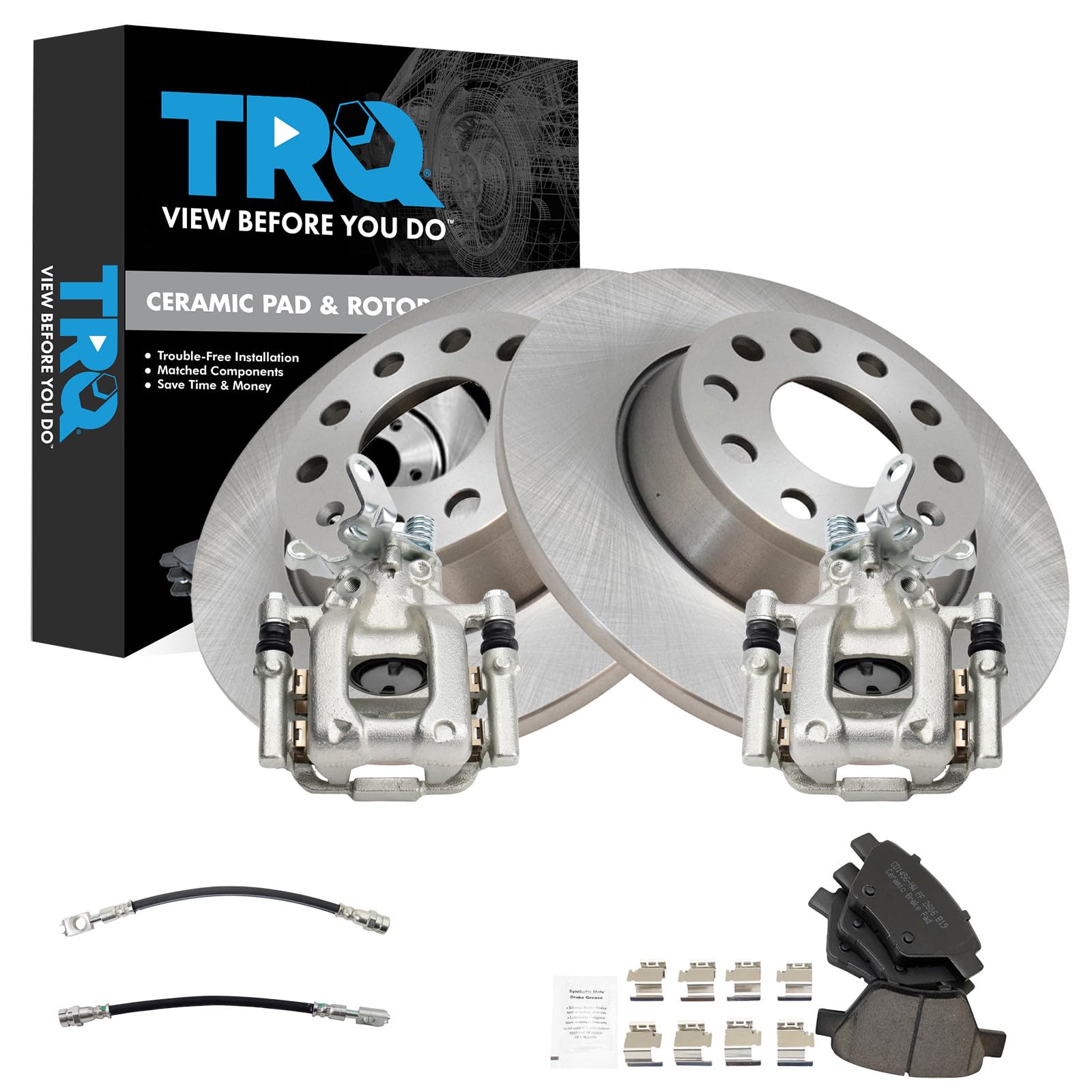 TRQ Rear Brake Pad and Rotor Set Ceramic Rotors Calipers Compatible with 2010 Volkswagen Jetta