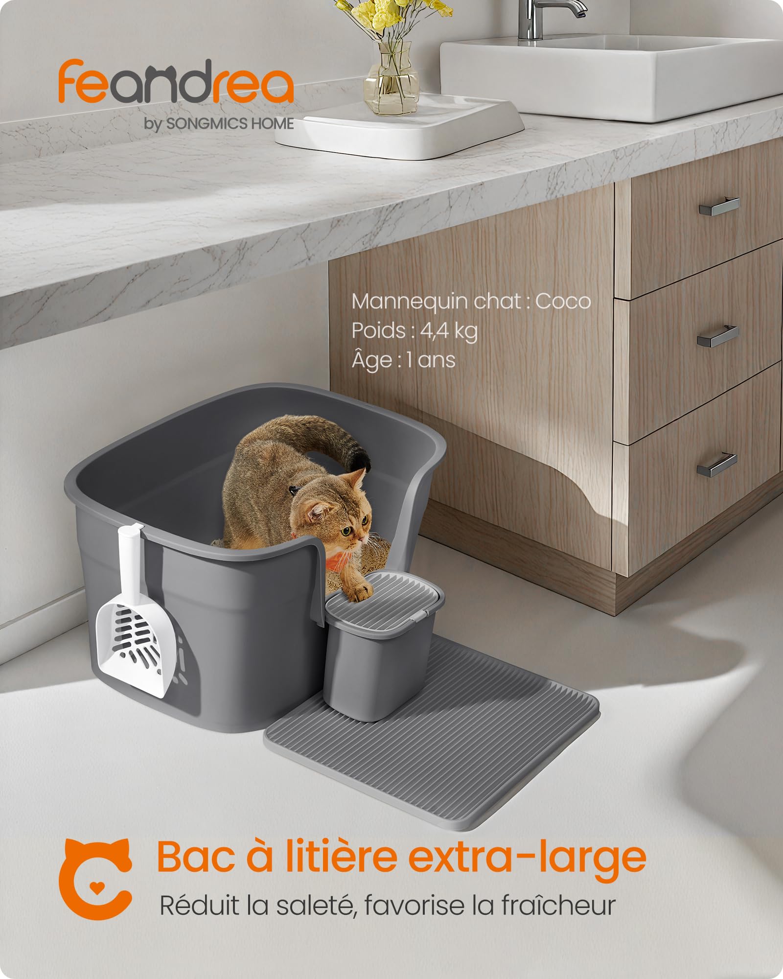Feandrea Bac à Litière pour Foyers Multi-Chats, Litière Extra Large avec Paroi Latérale, avec Un Tapis de Litière, Boîte de Rangement, Pelle, pour Grand Chat, Gris Ardoise PPT003G02