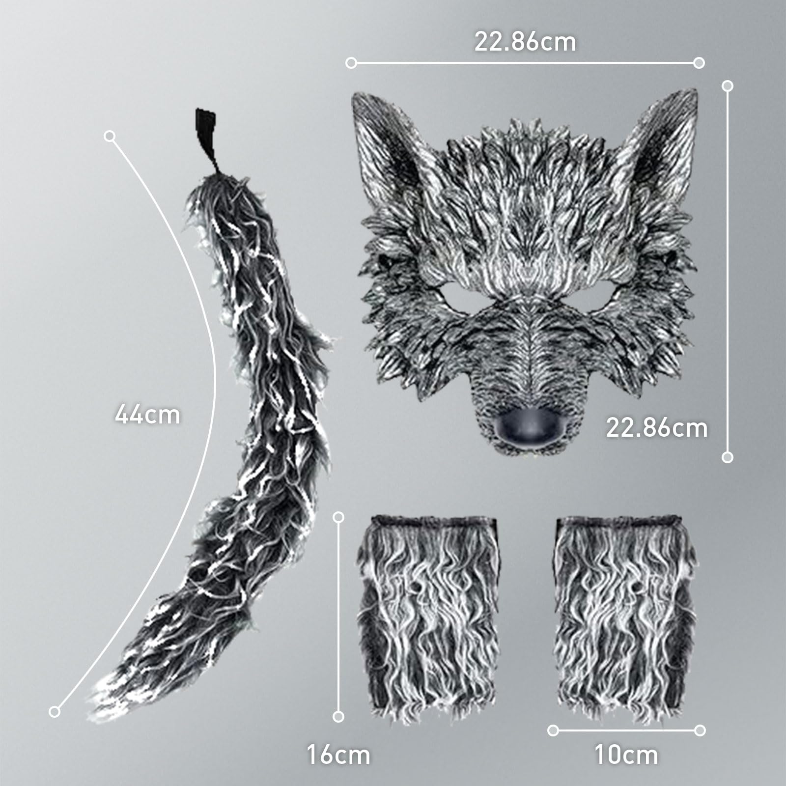 Hyuetrsa Werewolf Wolf Costume Wolf Mask with Wolf Tail and Gloves Halloween Wolf Mask Gloves and Tails Set for Women Men, Costume Party Gift for Werewolf Enthusiasts