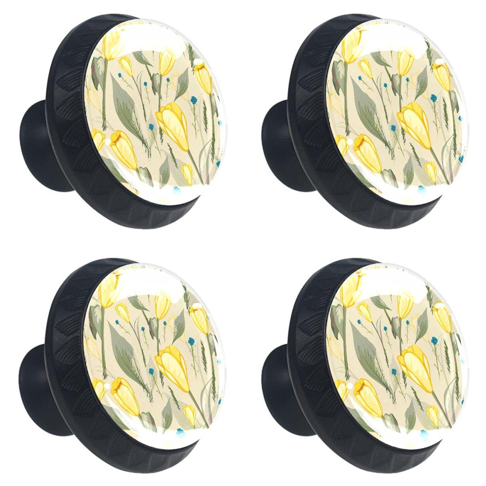 Boutons de tiroir tulipe jaune en cristal 30 mm | Lot de 4 poignées rétro pour meuble