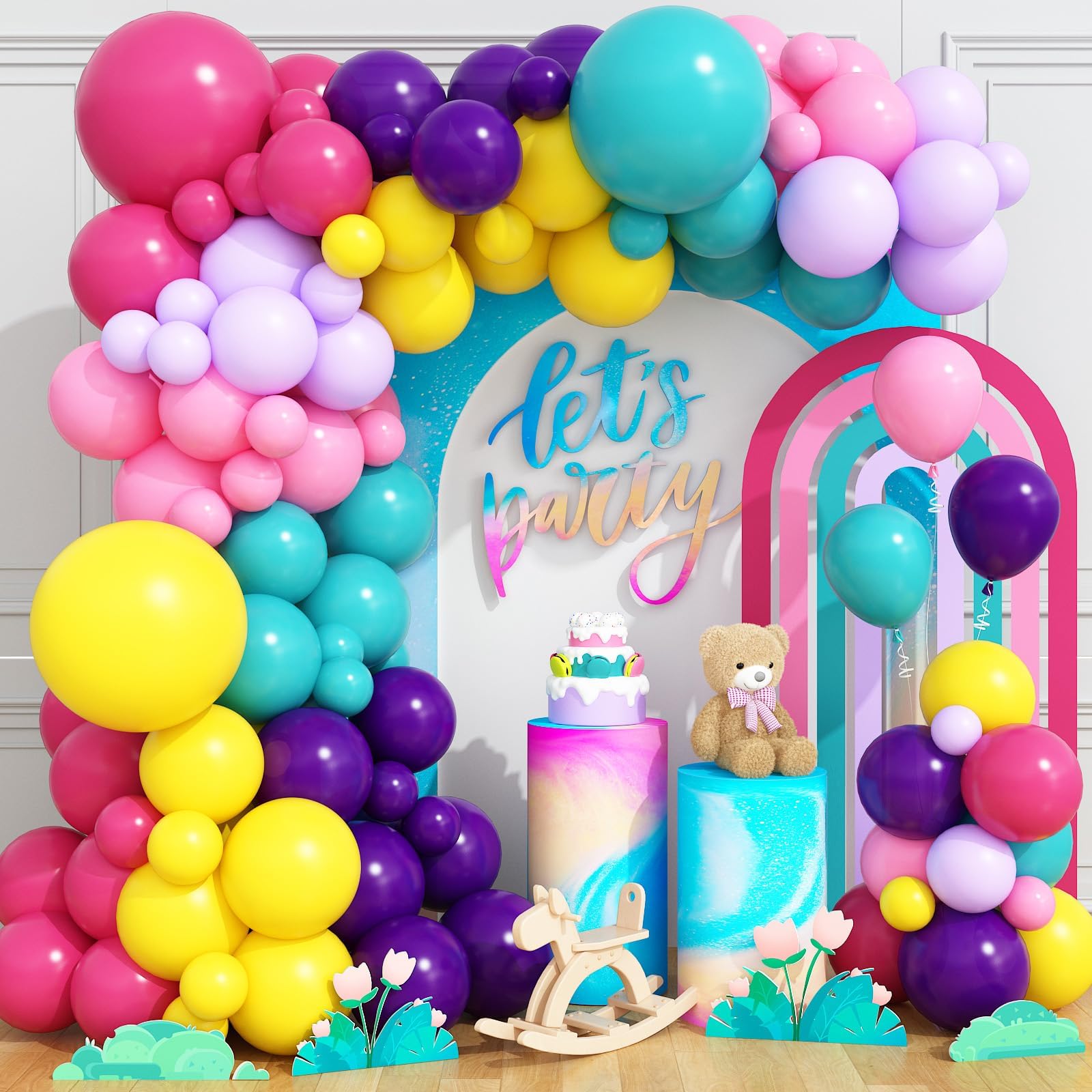 Pink Blue Purple Balloons Arch Kit, 108 Pcs Rainbow Magic Balloons Garland with Hot Pink Teal Balloon Blue Purple Yellow Latex Balloons for Kids Theme