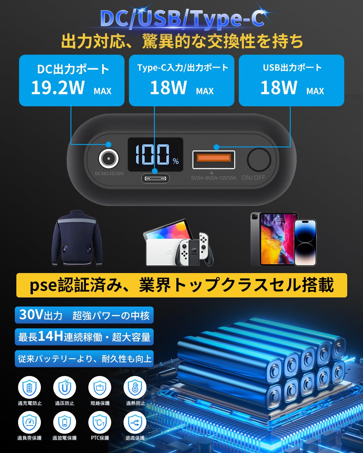 Amazon.co.jp: 空調作業服 バッテリー 30V高出力 20000mAh大容量 空調
