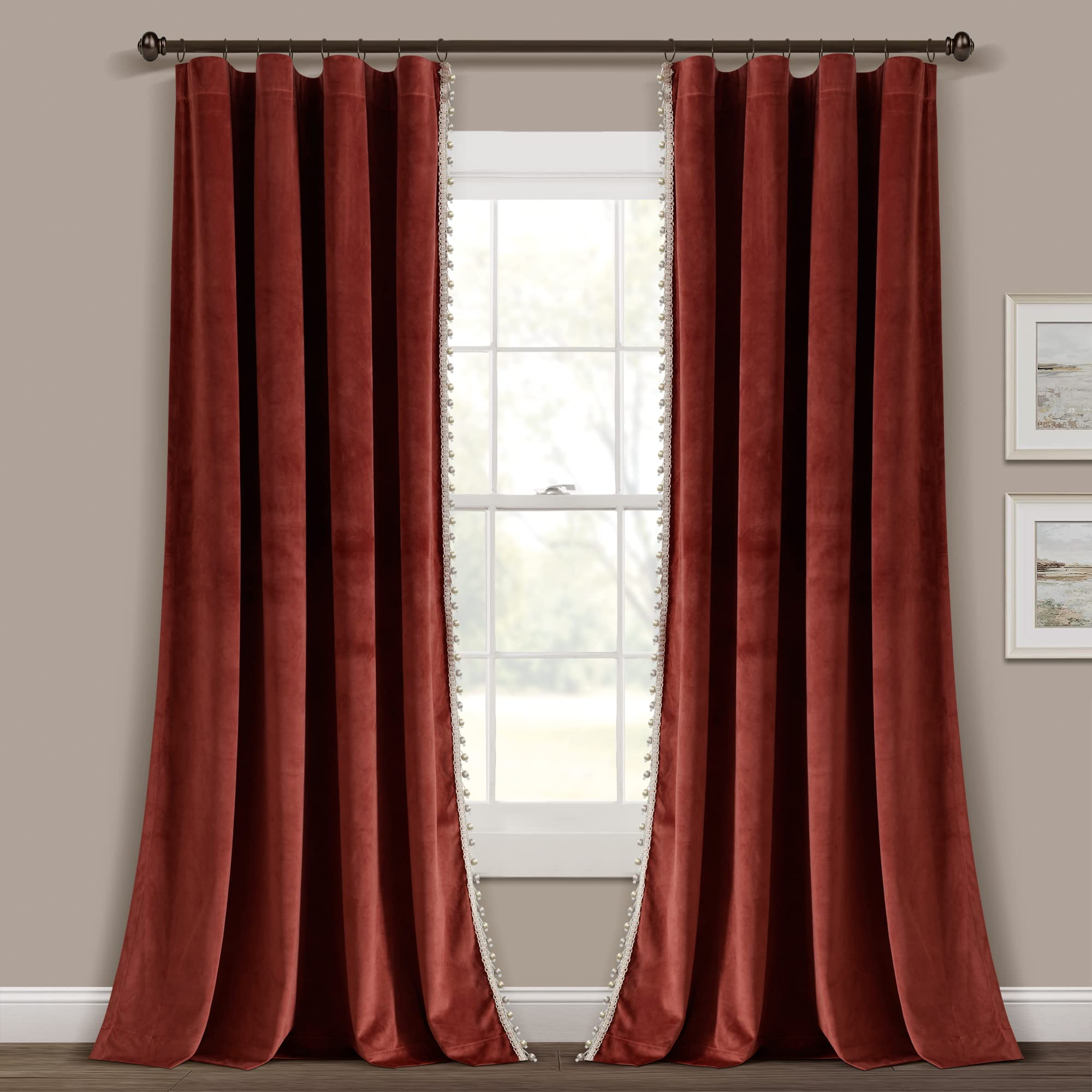 Lush Decor Lussuosa tenda da finestra vintage in velluto con pompon setoso ( singola), 84 x 132 cm, grigio