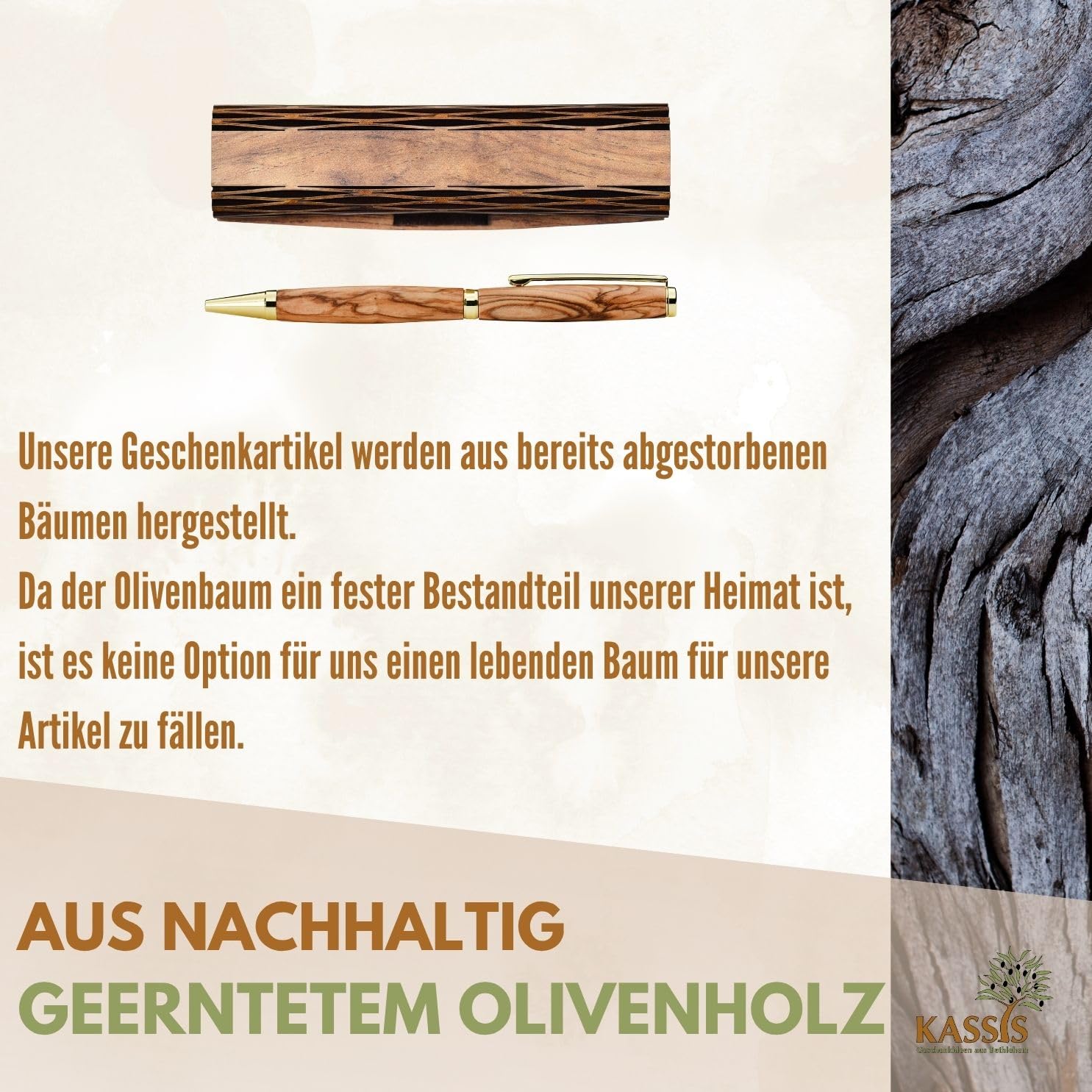 Kassis Geschenkartikel Personalisierbarer Kugelschreiber aus Olivenholz mit Holzschachtel – stilvolles handgefertigtes Schreibset für Büro, Schule, Firma und besondere Anlässe