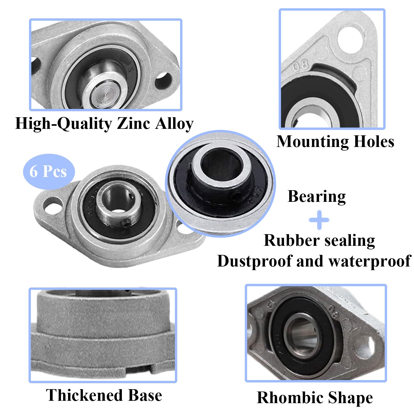 6 Pezzi Cuscinetti a Sfera con Supporto 8mm, Supporto Cuscinetti Autoallineanti, Rhombic Flangia Cuscinetti Foro Orizzontale in Lega di Zinco per Macchinari di Trasporto (8mm/0.31