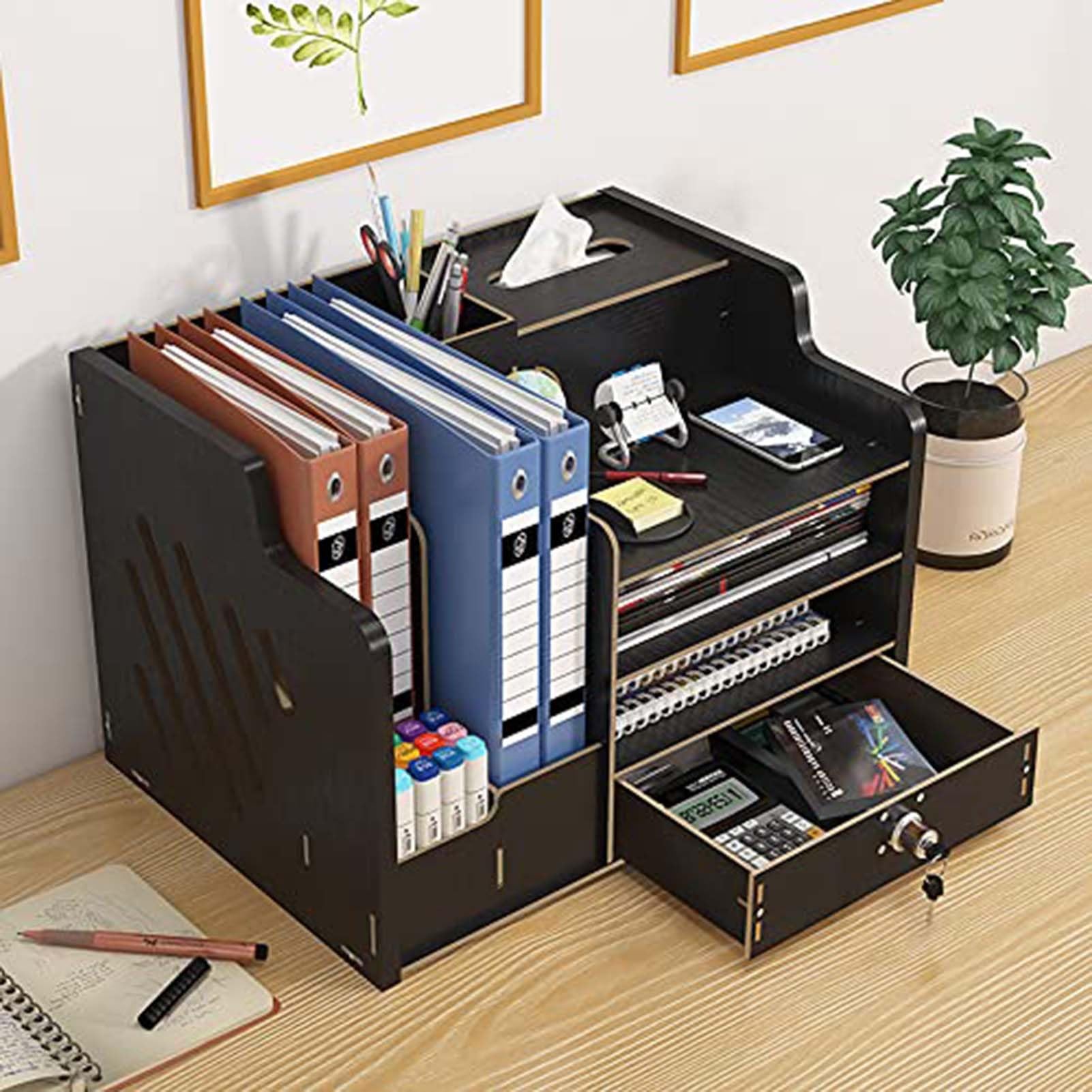 Schubladenbox Schreibtisch-Organizer Aus Holz Mit Schublade – Geräumige Aufbewahrung Für Den Schreibtisch, Dokumentenablage (A4), DIY-Box Für Bürobedarf – Ideal Für Zuhause, Büro Und Schule(Black)