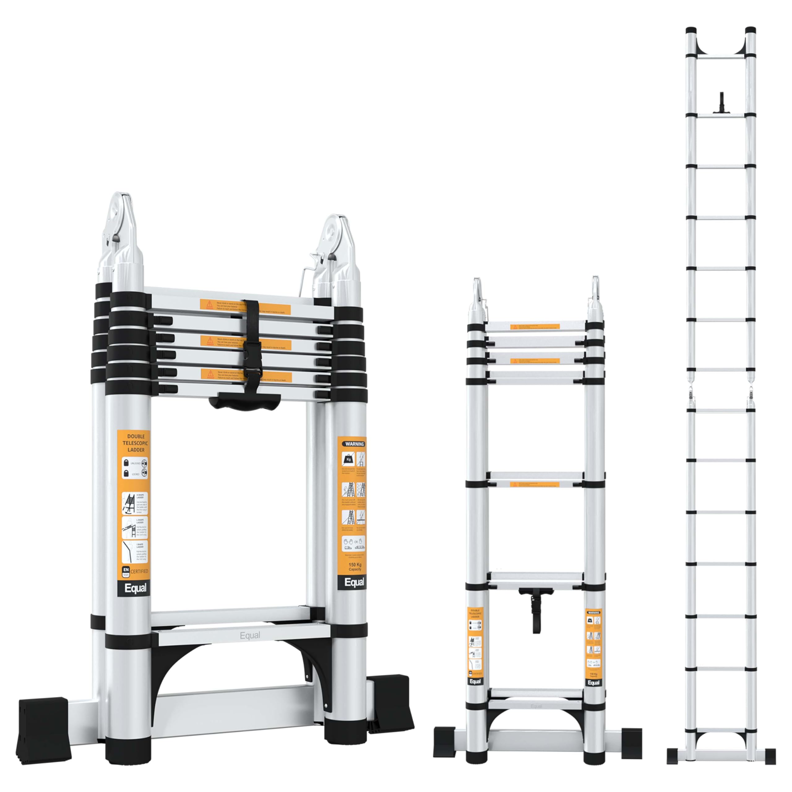 Equal 15 FT A-Type Foldable Aluminium Telescopic Ladder | A-Frame + Extension | 2 Triangle Stabilizers | EN131 Certified | 2-Year Warranty | 150kg | Multipurpose Home & Office Use (4.4m / 7+7 Steps)