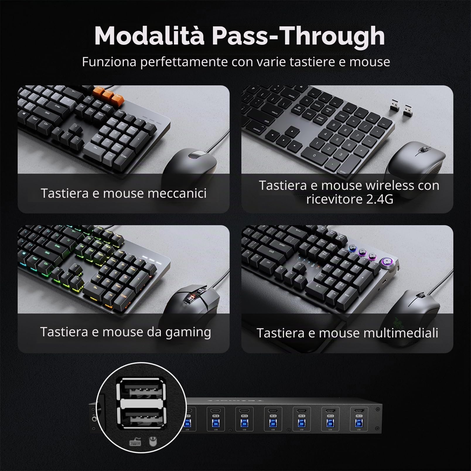 TESmart 4K@60Hz HDMI KVM Switch 8 Porte, HDMI 2.0 e USB 3.0, Switch KVM per 8 PC e 1 Monitor, EDID, Hotkey, Modalità Auto-Scan e Auto-Detect, LAN/RS232, Telecomando IR, Include 8 Cavi KVM PC