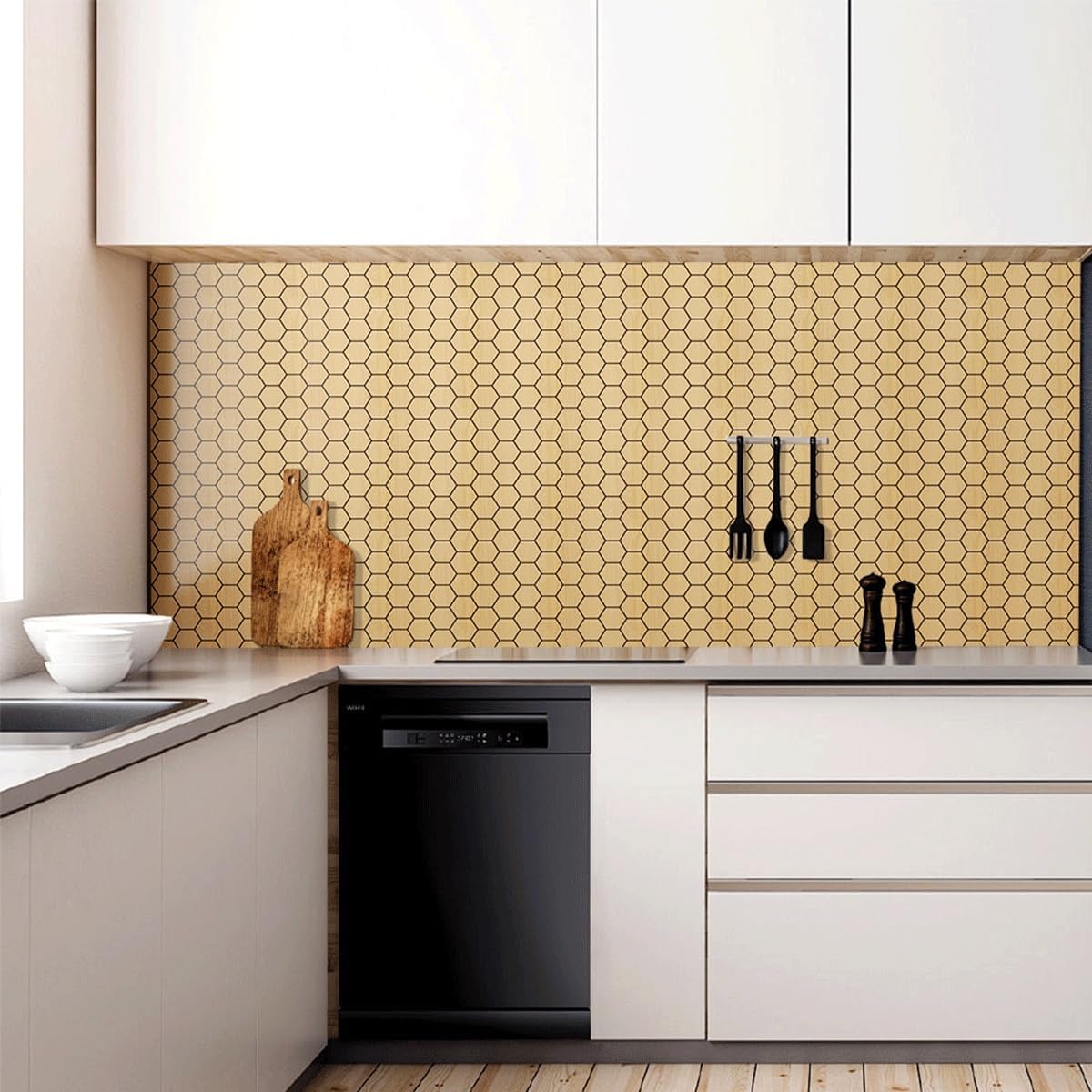 Hexagonal Tile Wallpaper, Kitchen & Bathroom Self-Adhesive Mosaic Tiles with Waterproof Performance(Yellow)