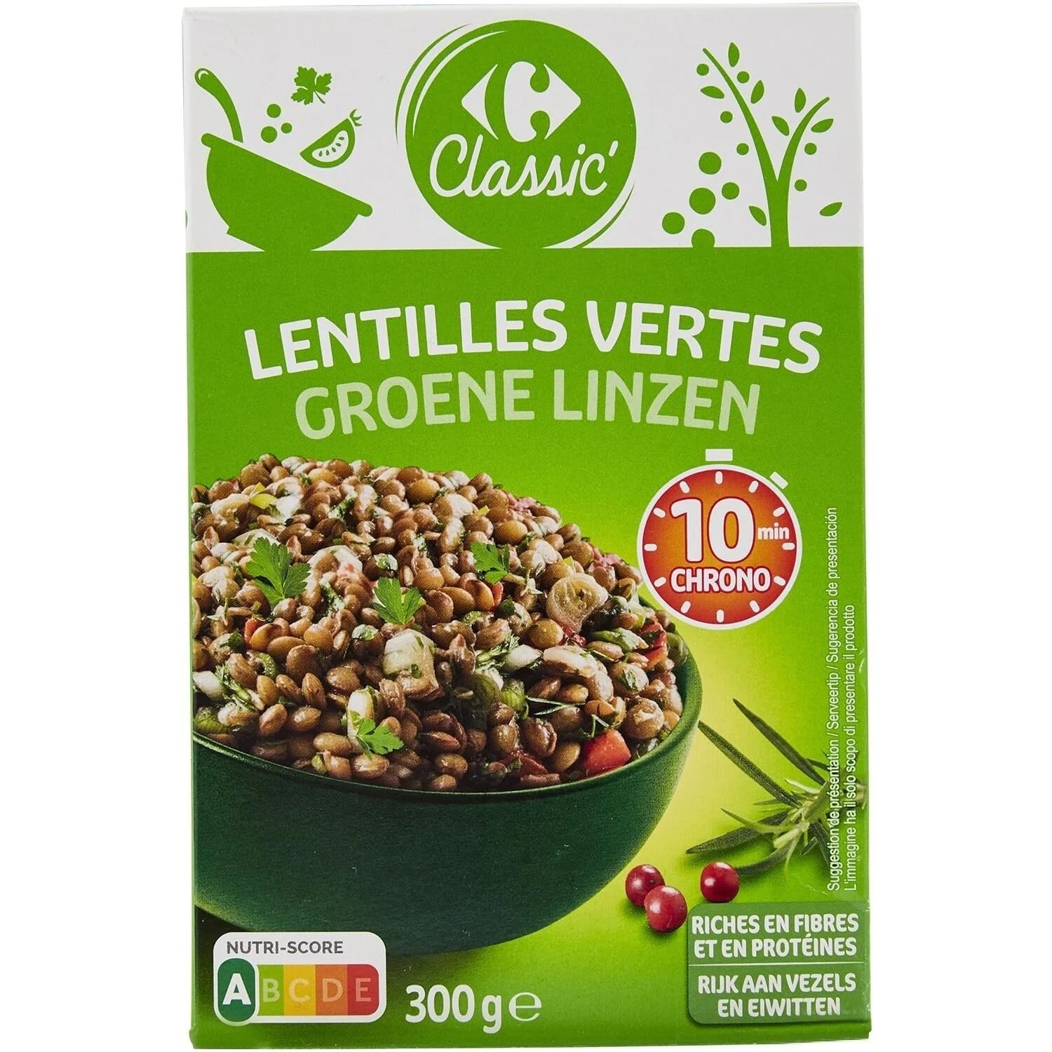CARREFOUR CLASSIC' - Lentilles Vertes Précuites Riches en Fibres et en Protéines - la boite de 300g - Le Lot De 4