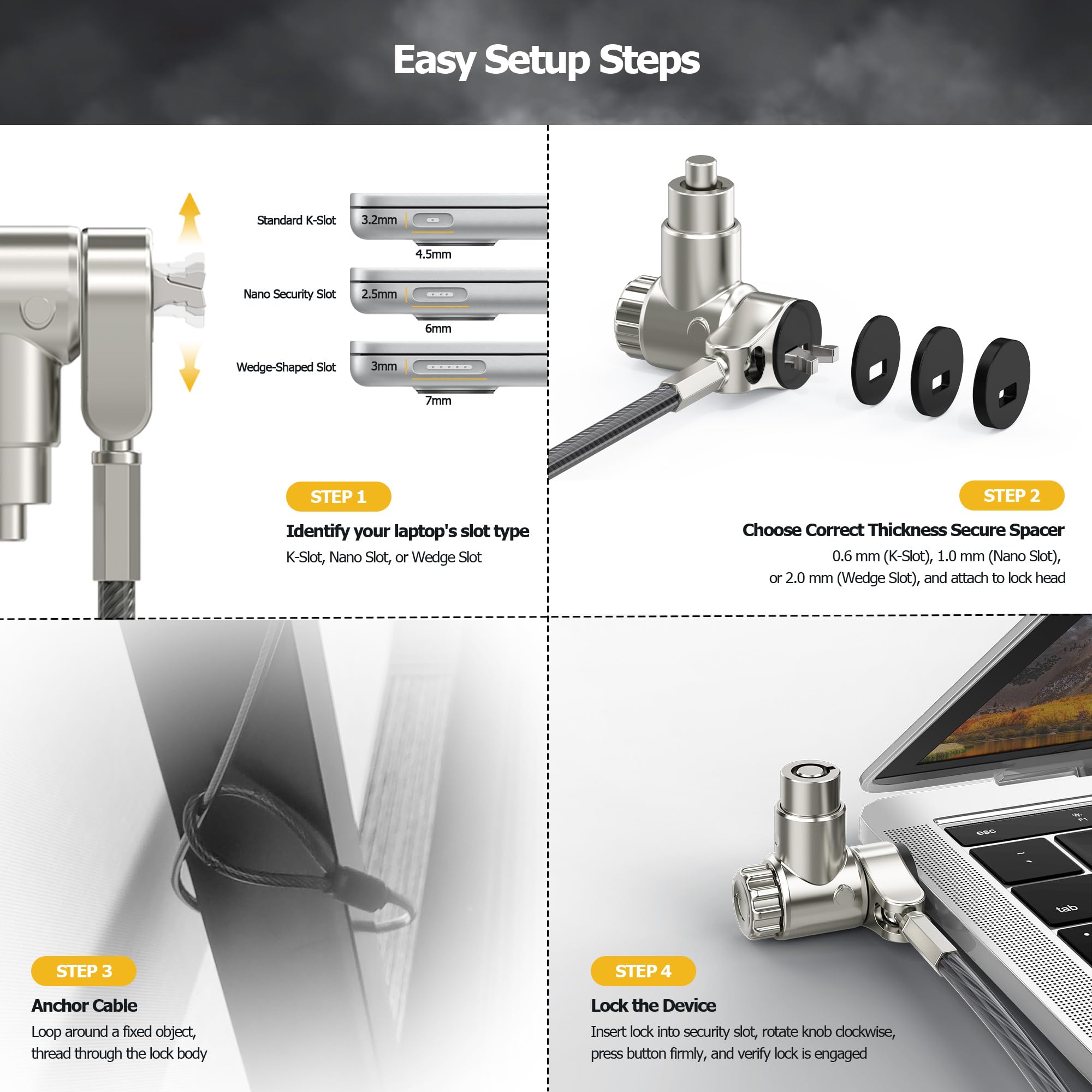 AboveTEK Candado para Ordenadores Portátiles: Cable de Seguridad 3 en 1 de 2m para Escritorio, Sistema Universal Antirrobo con 2 Llaves para Portátiles, Compatible con K-Slot, Nano y Wedge Slot