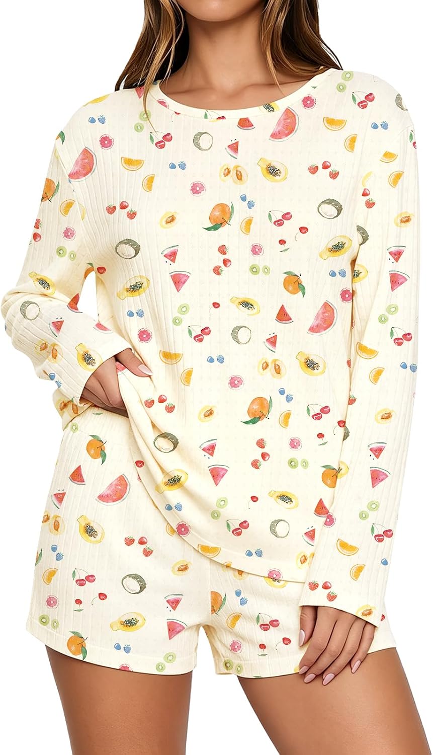 LEEDYA Womens Long Sleeve Pajama Sets Cute Fall 2 Piece Crew Neck Pj Sets