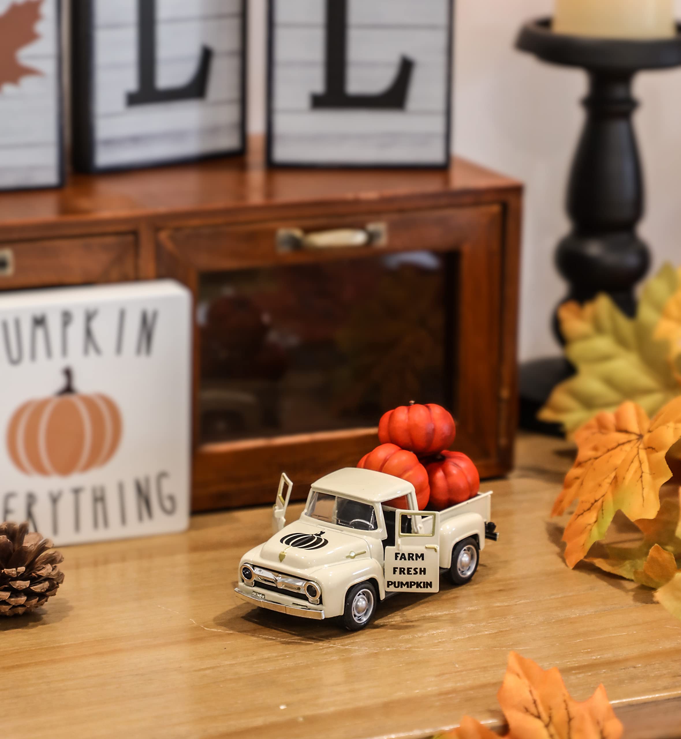 NEWLIGHTURE Fall Pumpkin Truck Decor Mini Harvest Metal Farm Truck with 3 Pumpkins | Vintage Diecast Model for Tiered Tray Home Décor 4.8 inches
