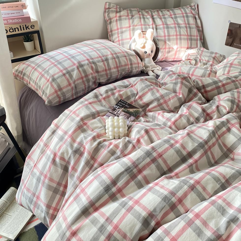 Image of EAVD Vintage Style Plaid Duvet Cover Queen Grey Pink Grid Soft 100% Washed Cotton Reversible Bedding Set Farmhouse Grid Checkered Bedding Set with 2 Pillowcases Modern Gingham Duvet Cover with Zipper