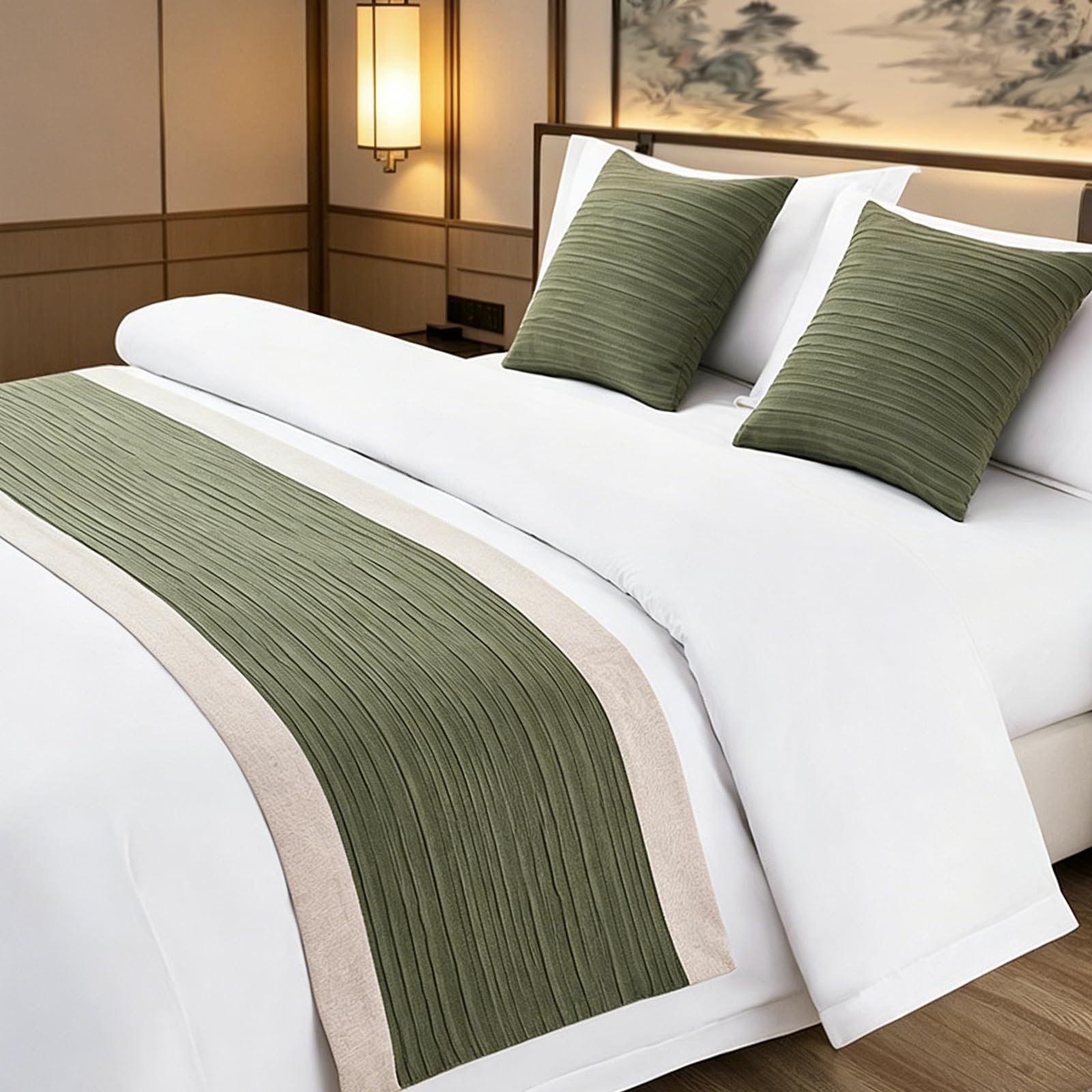 Laamiasm Decorative Bed Runner with Matching Pillow Cover Soft Crinkle Linen Bedding for Home Hotel Green 210cm/82.6in Double
