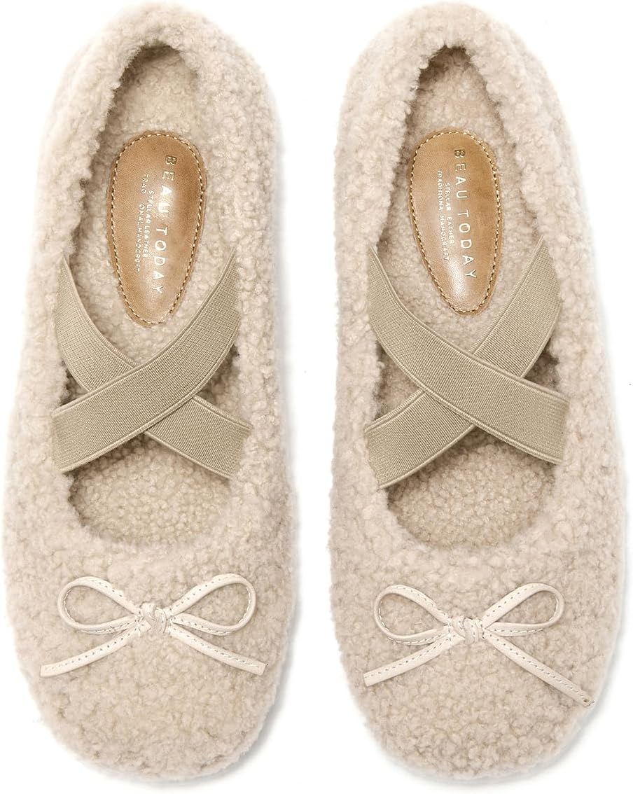BEAU TODAY Womens Fur Mary Jane Flats, Shearling Ballet Flats for Women, Warm Wool Mary Jane Shoes Fashion Cute Flat Shoes with Cross Strap