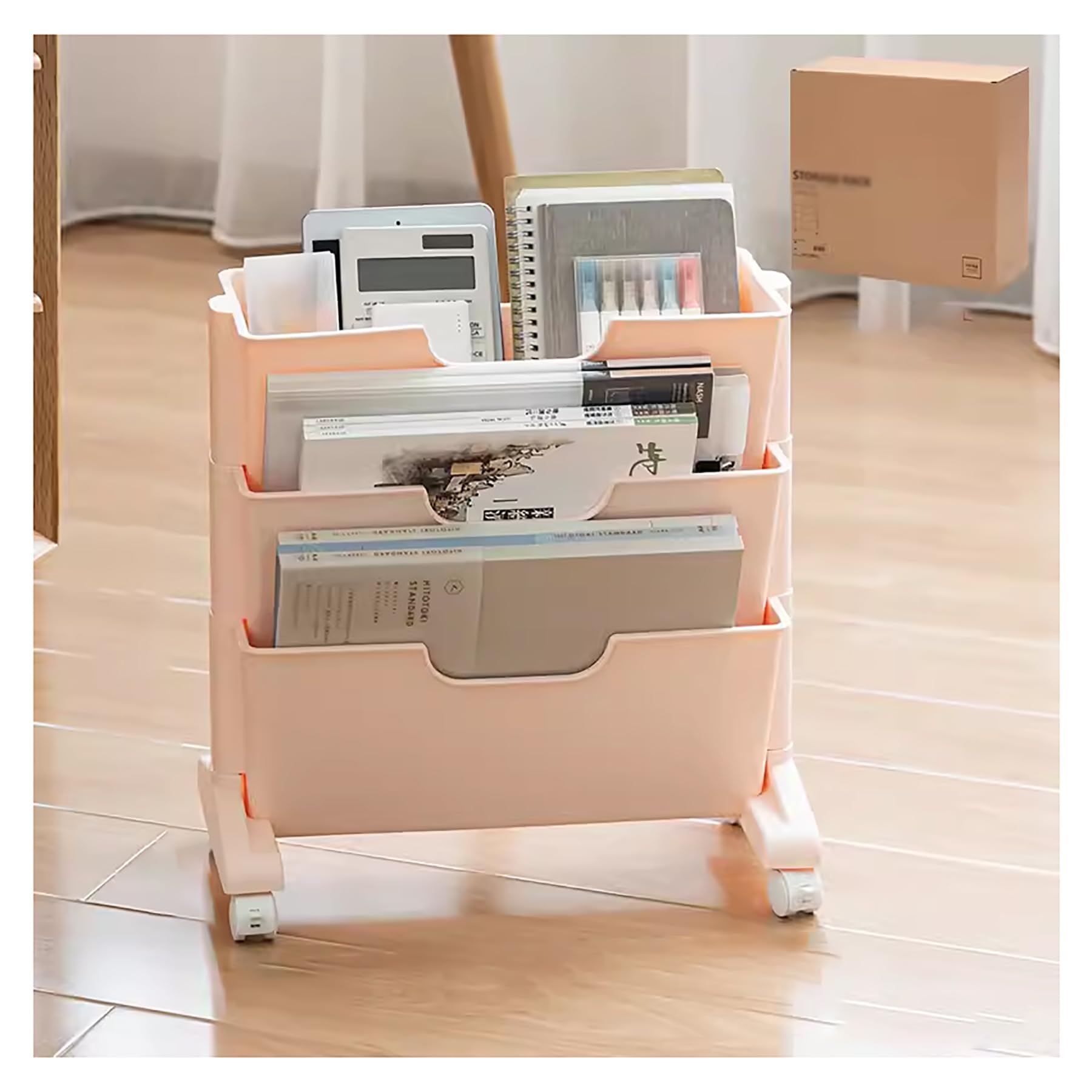 Scaffale portaoggetti da scrivania,3 Ripiani,con rotelle,Organizer salvaspazio per scrivania e Accessori per Camera da Letto,Soggiorno,casa,Scuola,Rosa