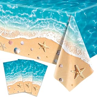 3-Piece 54 x 108 Inch Beach Theme Plastic Tablecloth – Summer Ocean Wave and Seashell Design Disposable Rectangle Table Cover for Pool Parties, Beach Birthdays, and Outdoor Decorations