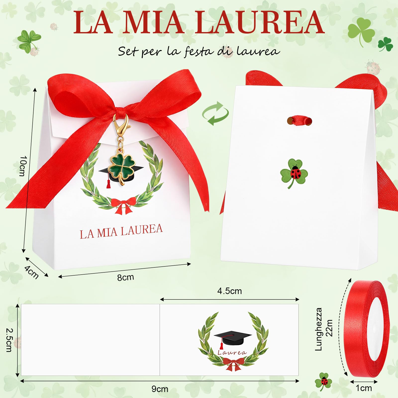 BBTO Cadeaux Invités Remise des Diplômes 50 Pièces Boîtes Dragées la Mia Laurea Porte-Clés Trèfle Porte-Bonheur Cartons Pliants Vœux et Ruban Satiné Rouge Confettis Cérémonie Fête
