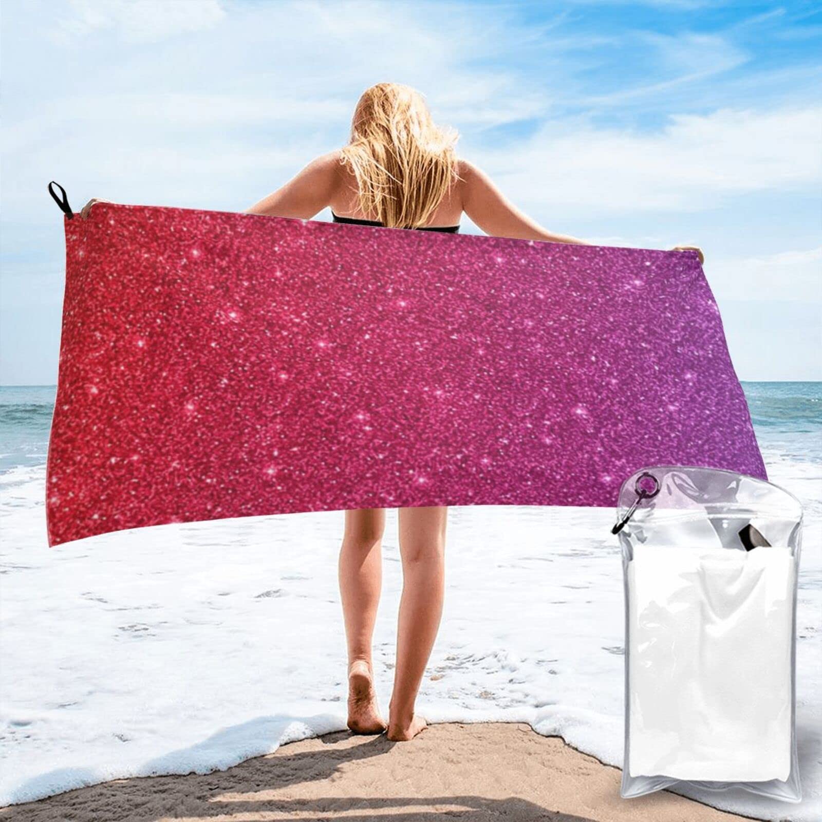 Gradient cekinowy błyszczący nadruk miękki szybkoschnący ręcznik kąpielowy ręcznik plażowy z torbą podróżną