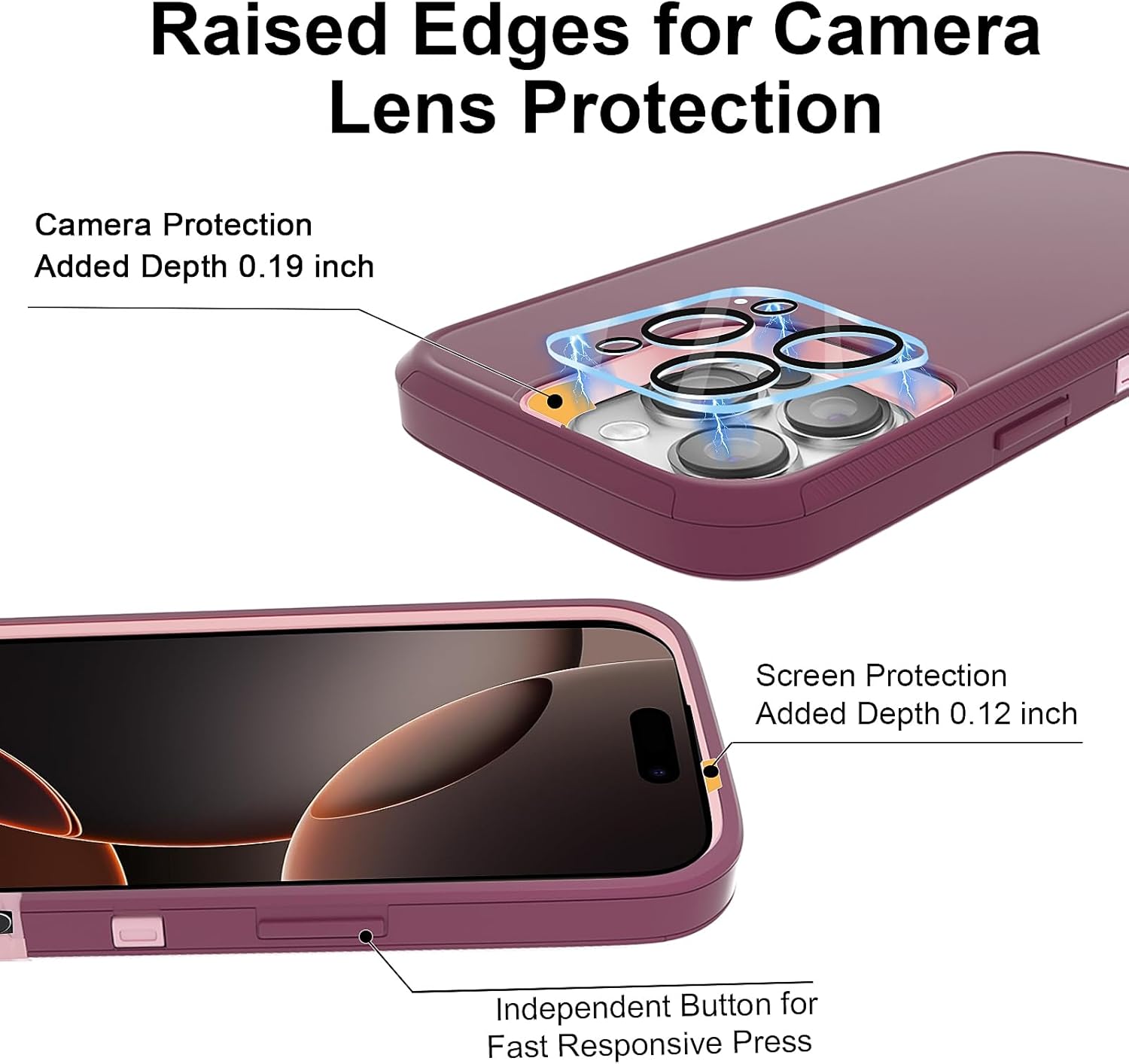 Gase for iPhone 16 Pro Case 6.3" with 2 Screen Protector + 2 Camera Lens Protector, Full Body Heavy Duty Military Grade Cover, Shockproof/Drop Proof Protection Phone Case (Wine Red Pink) - Image 4